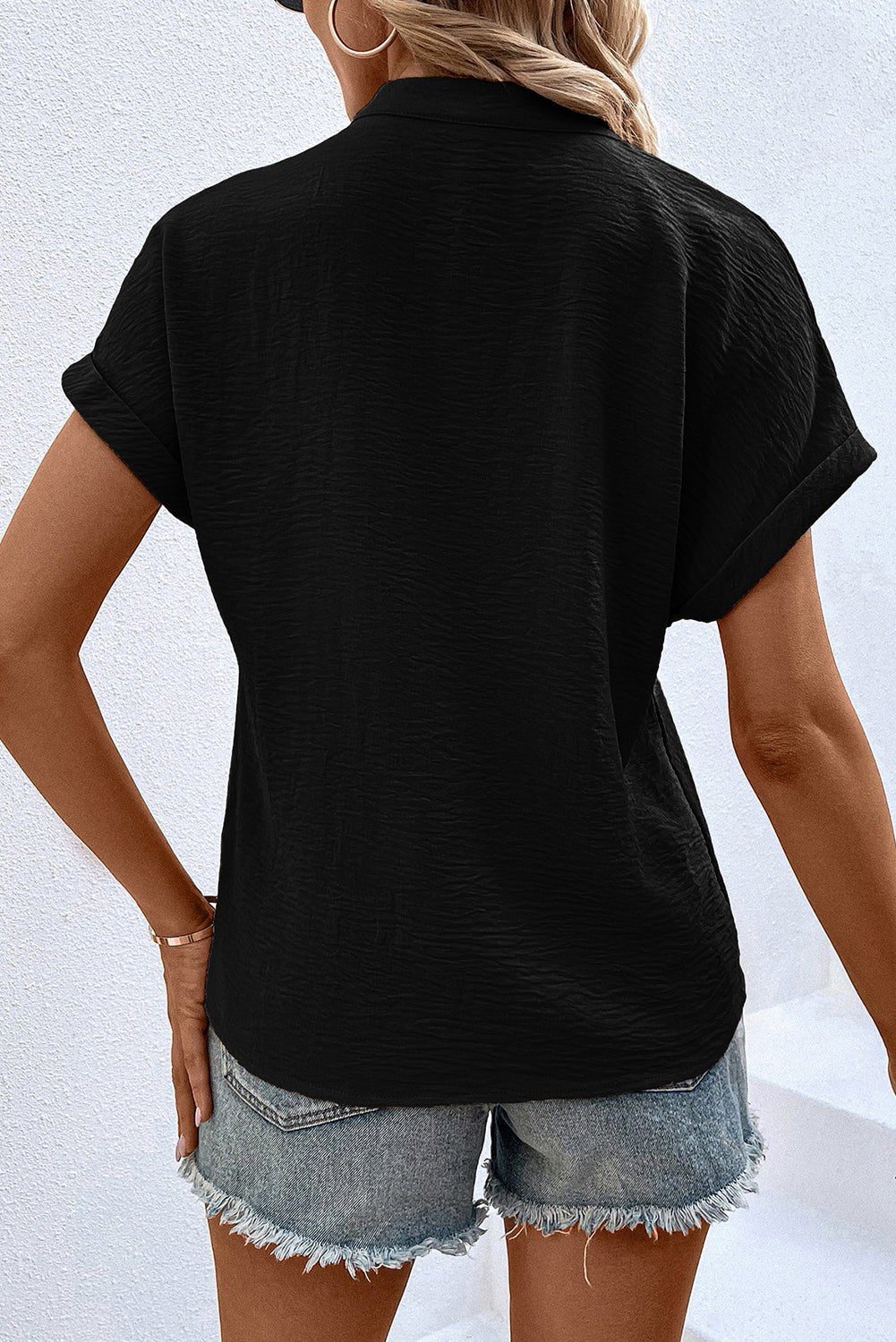 White Notched Neck Batwing Sleeve Blouse - MAD RUFFI