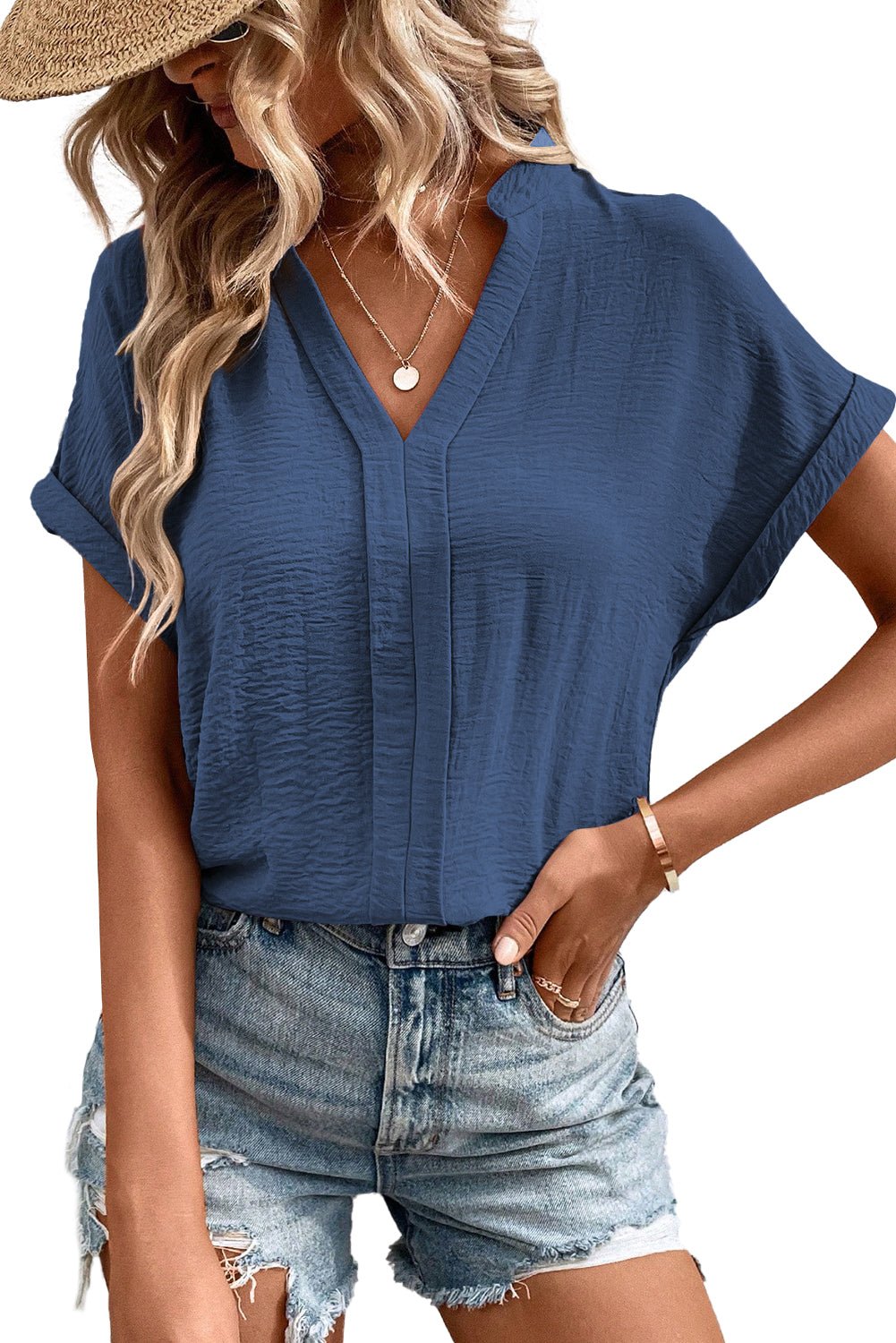 White Notched Neck Batwing Sleeve Blouse - MAD RUFFI