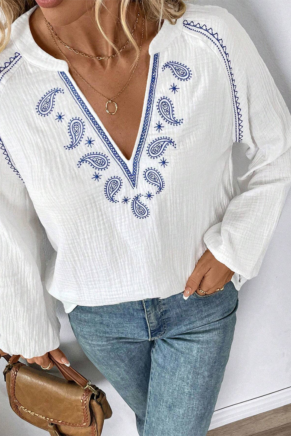 White Paisley Embroidered Crinkle Split Neck Blouse - MAD RUFFI