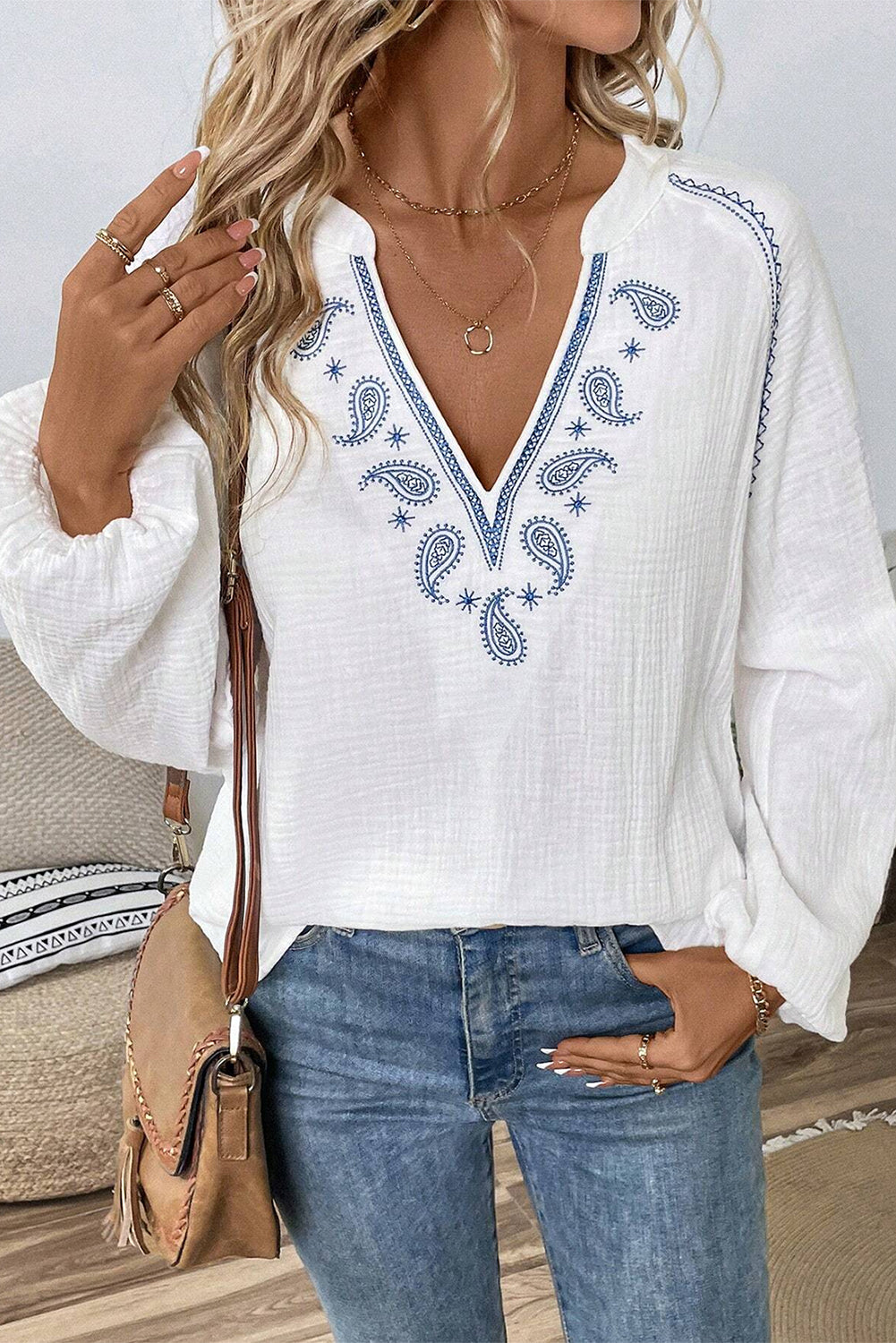 White Paisley Embroidered Crinkle Split Neck Blouse - MAD RUFFI