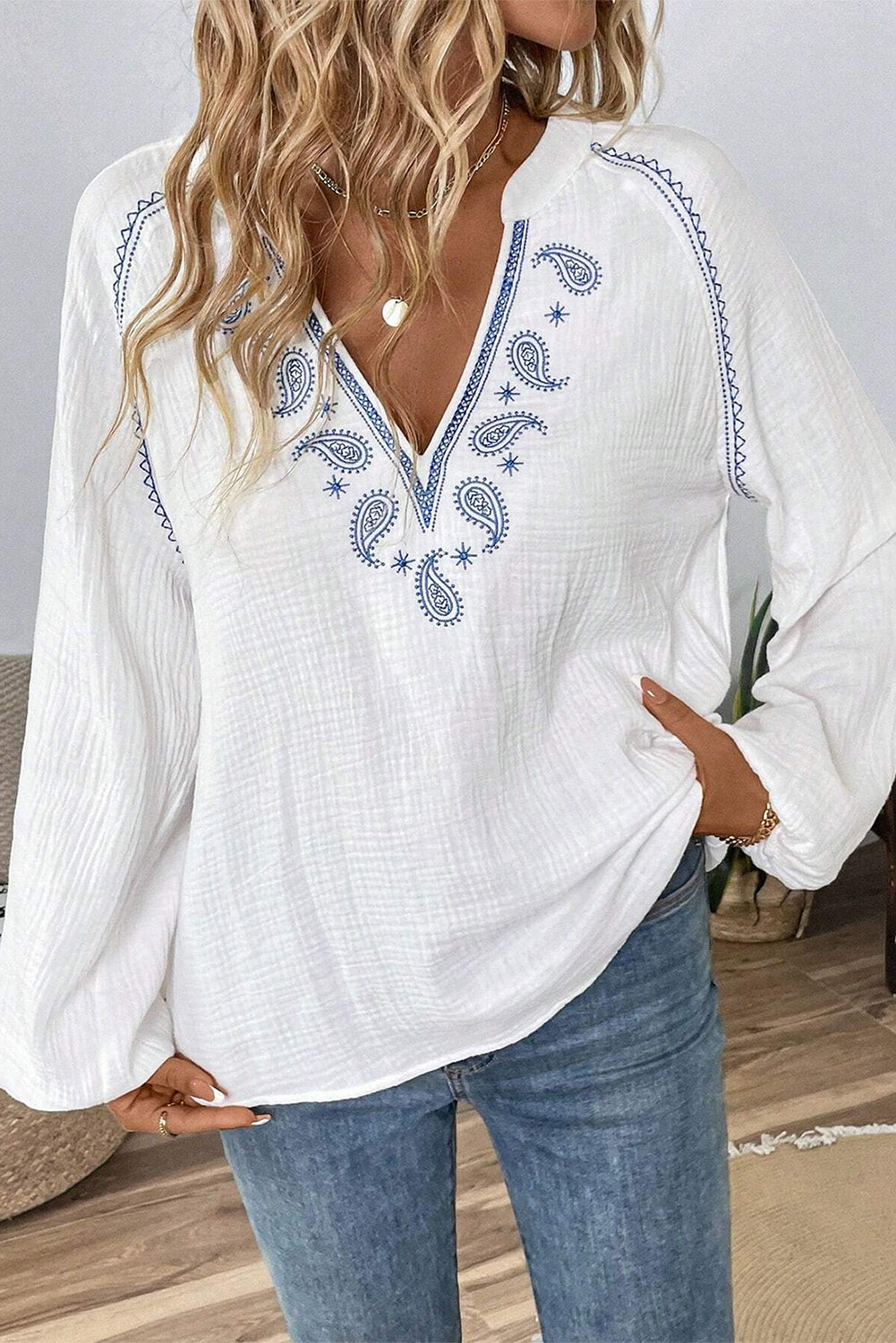 White Paisley Embroidered Crinkle Split Neck Blouse - MAD RUFFI