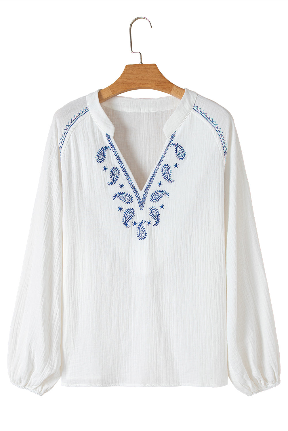 White Paisley Embroidered Crinkle Split Neck Blouse - MAD RUFFI