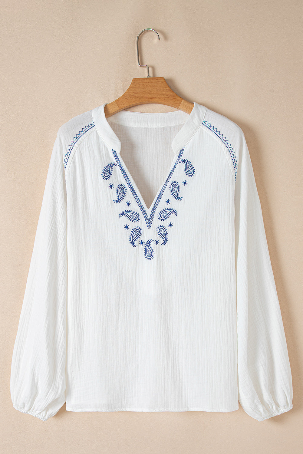 White Paisley Embroidered Crinkle Split Neck Blouse - MAD RUFFI