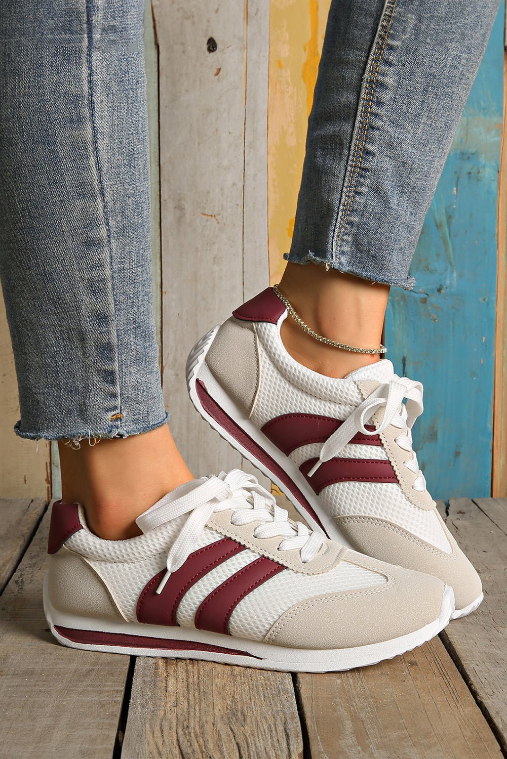 White Patchwork Breathable Lace Up Sneakers - MAD RUFFI