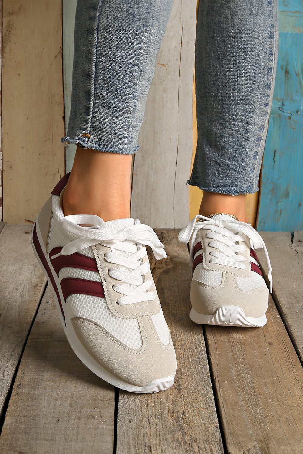 White Patchwork Breathable Lace Up Sneakers - MAD RUFFI