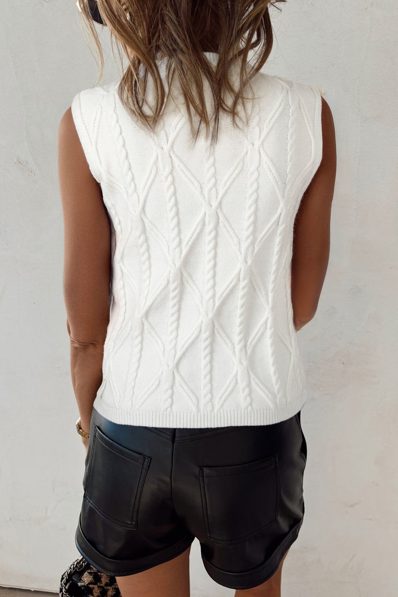 White Pearl High Neck Textured Knit Sweater Vest - MAD RUFFI