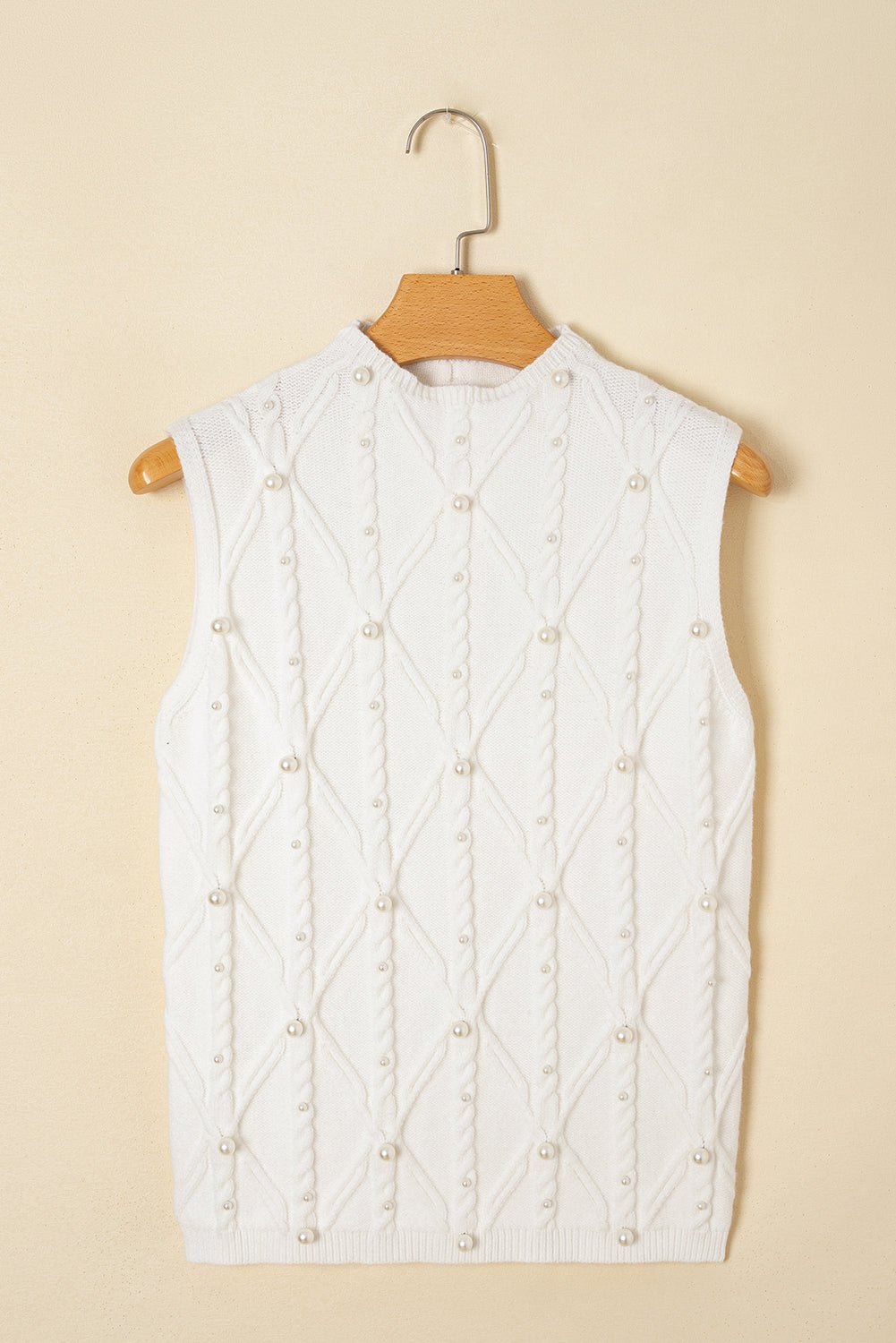 White Pearl High Neck Textured Knit Sweater Vest - MAD RUFFI