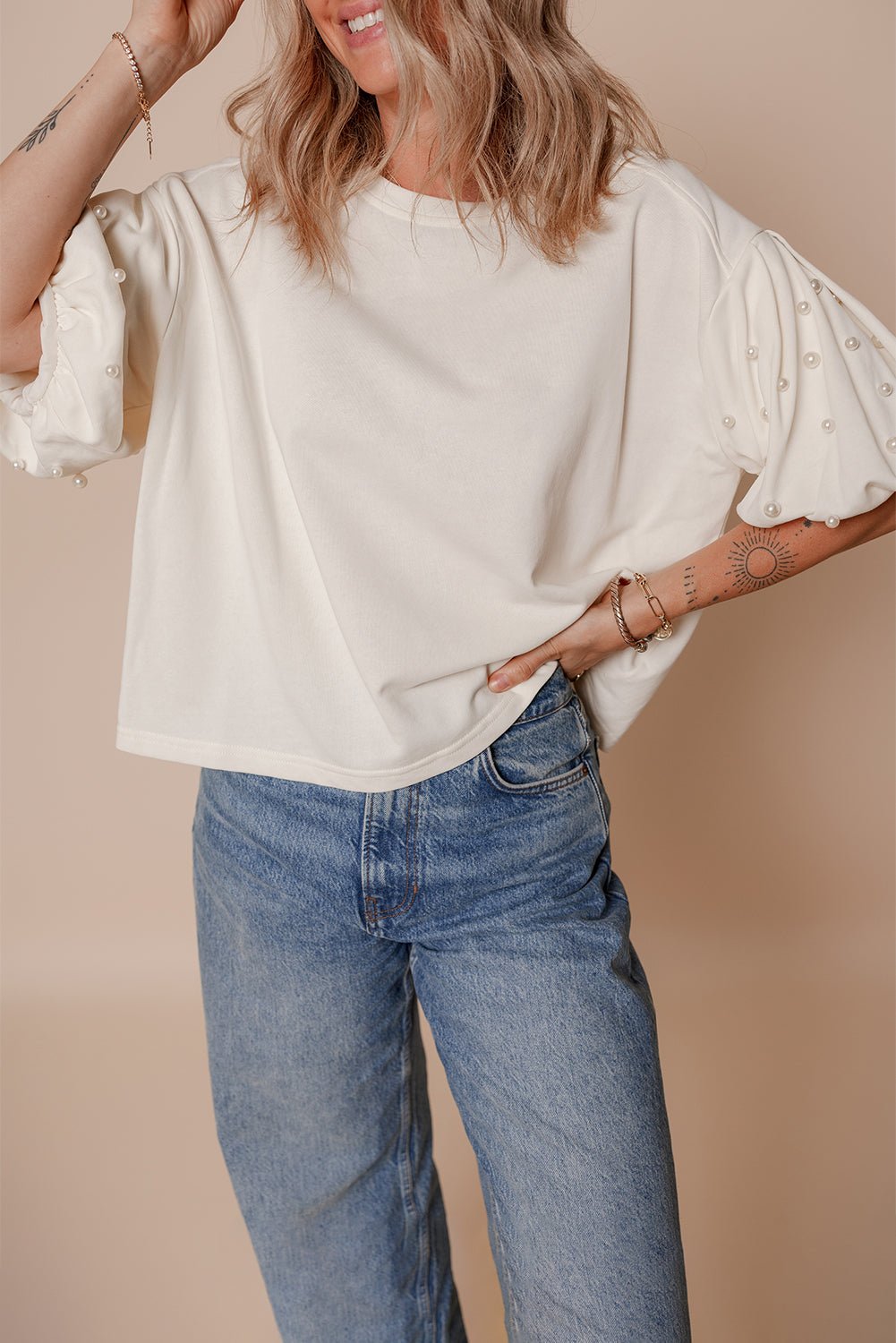 White Pearled Puff Sleeve Round Neck Loose Top - MAD RUFFI