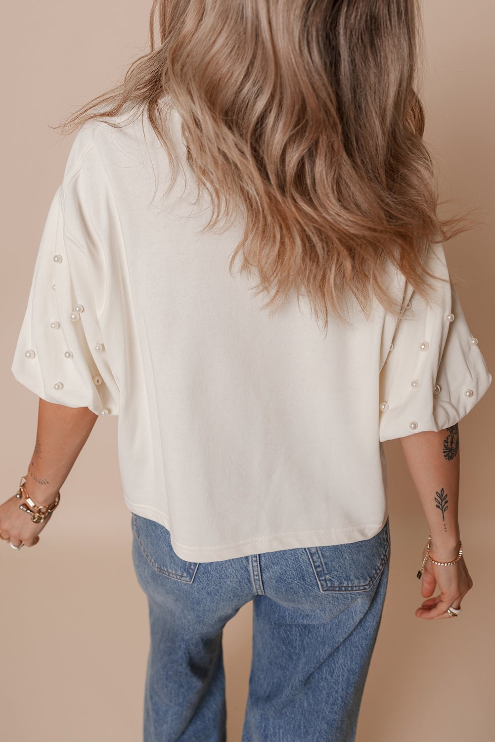 White Pearled Puff Sleeve Round Neck Loose Top - MAD RUFFI