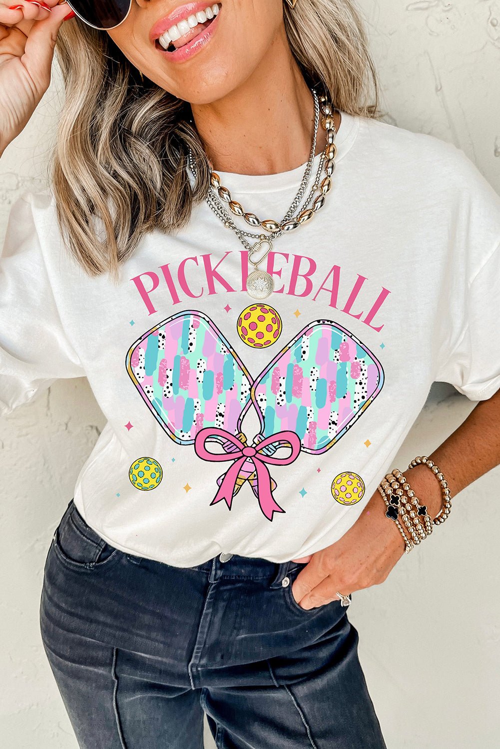 White PICKLEBALL Playful Graphic T Shirt - MAD RUFFI