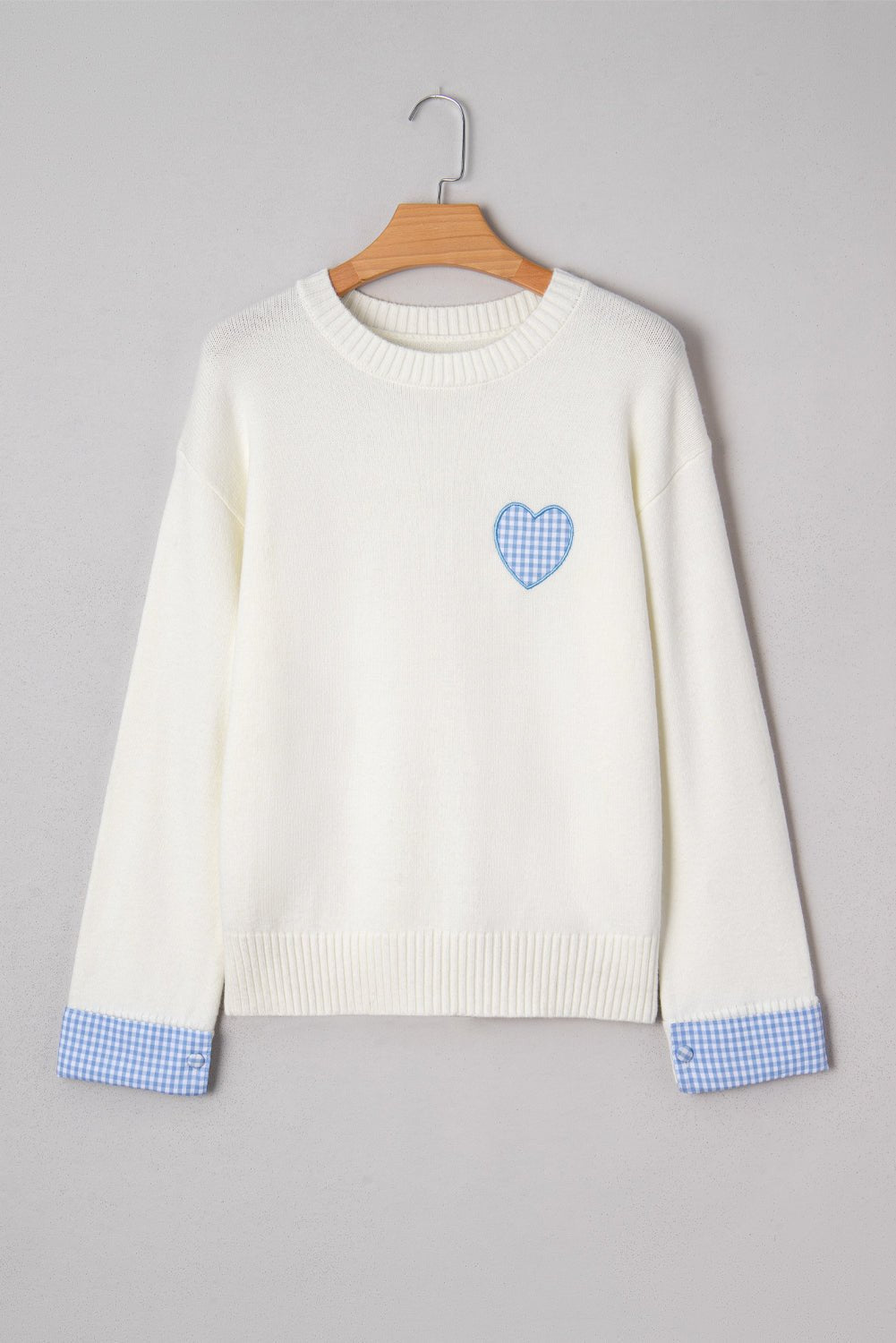 White Plaid Heart Embroidered Cuffed Drop Shoulder Crew Neck Sweater - MAD RUFFI