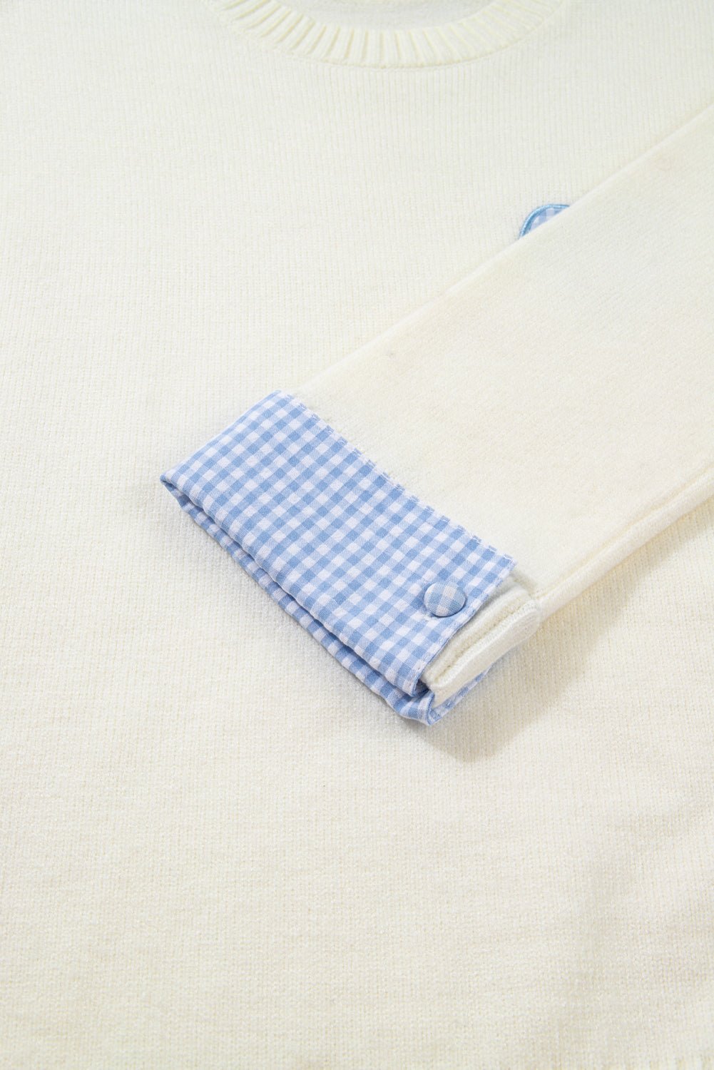 White Plaid Heart Embroidered Cuffed Drop Shoulder Crew Neck Sweater - MAD RUFFI