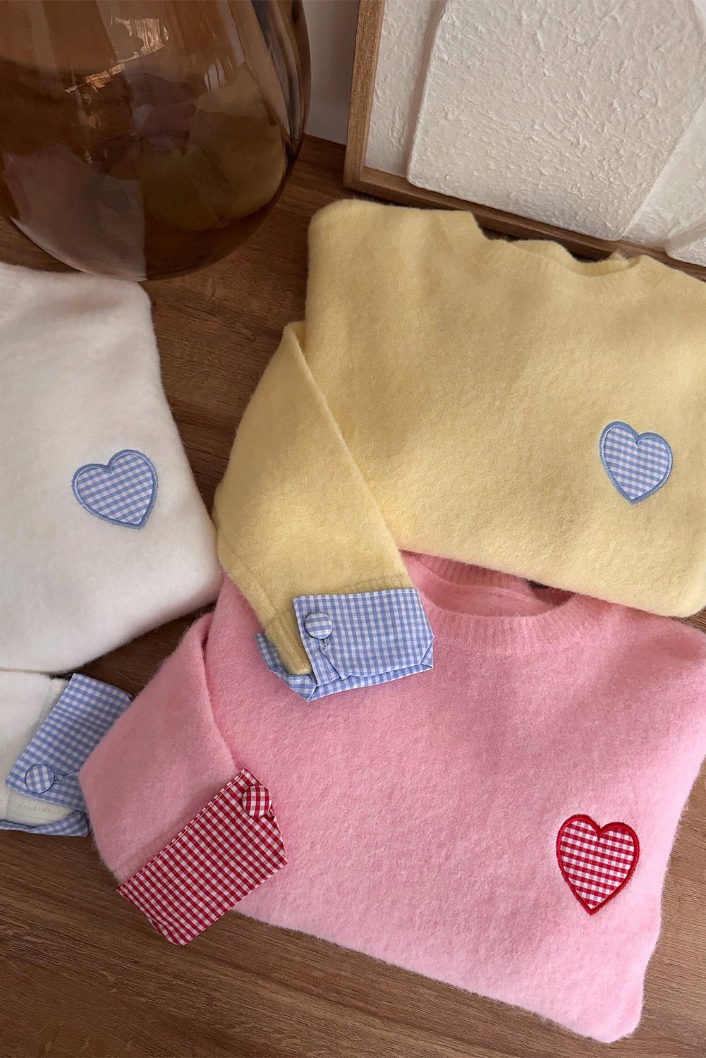 White Plaid Heart Embroidered Cuffed Drop Shoulder Crew Neck Sweater - MAD RUFFI