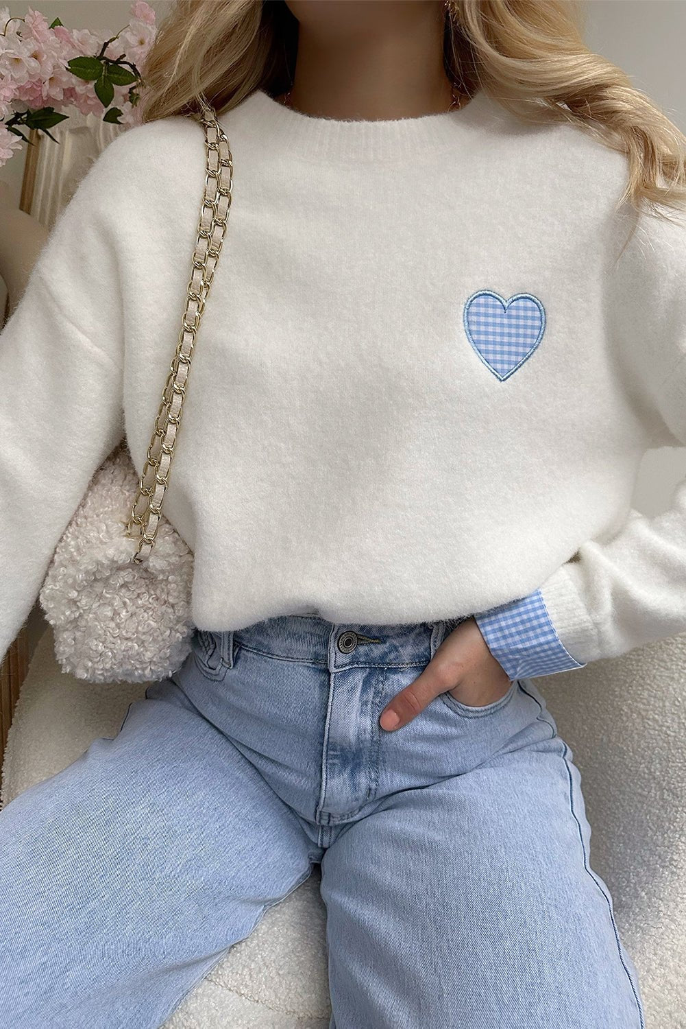 White Plaid Heart Embroidered Cuffed Drop Shoulder Crew Neck Sweater - MAD RUFFI