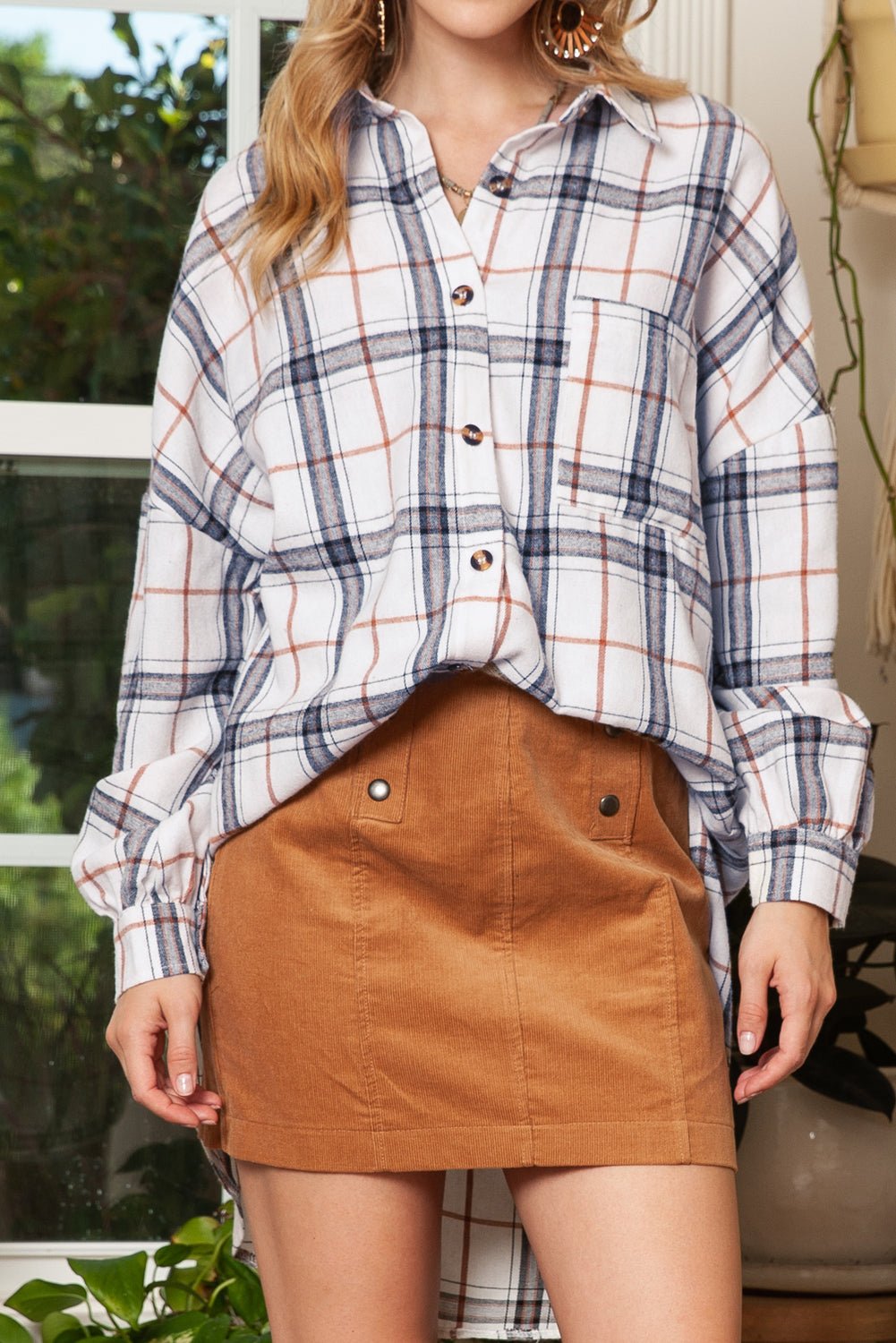 White Plaid Slits Bishop Sleeve Oversized Shacket - MAD RUFFI