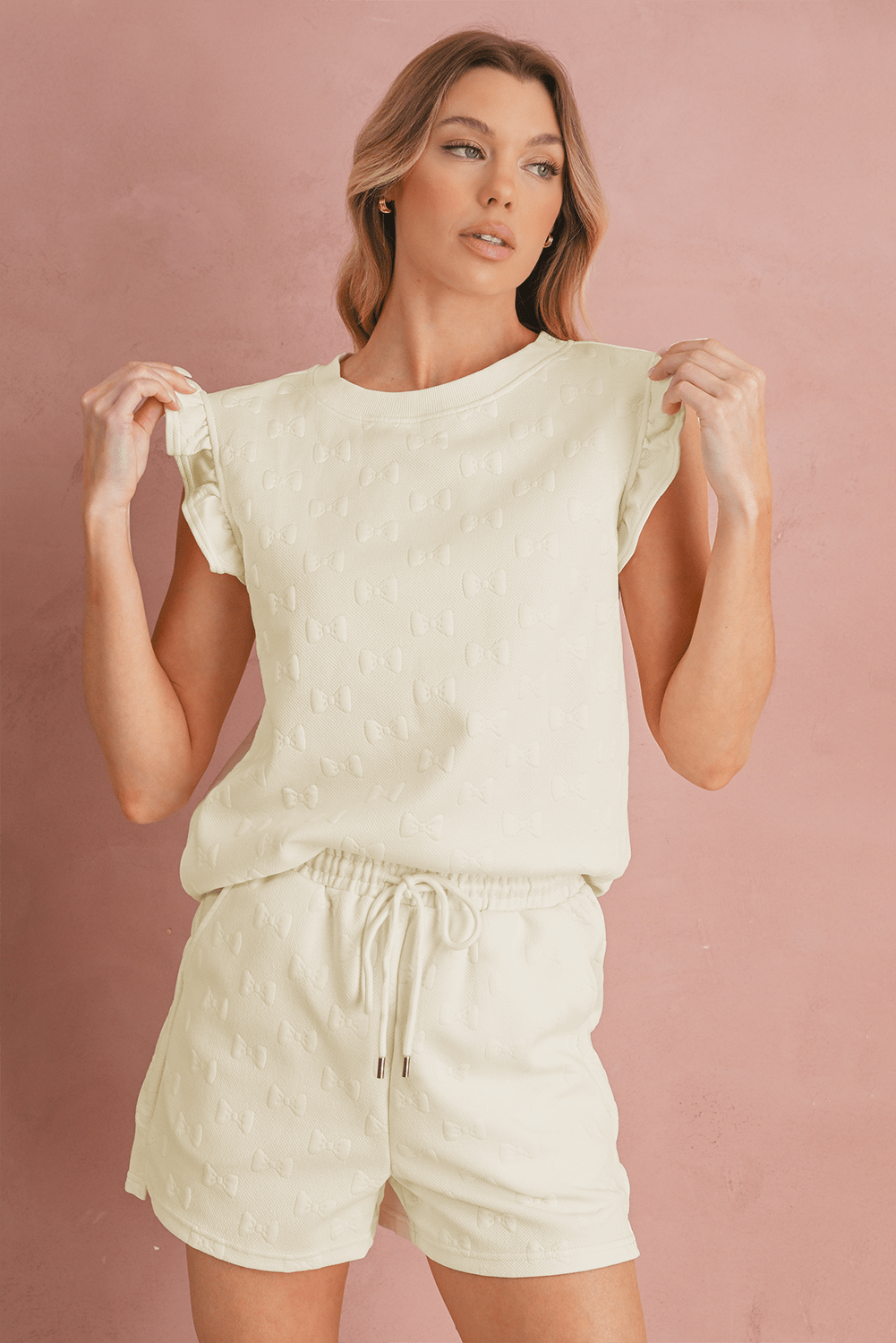 White Plain Bow Jacquard Ruffle Sleeve Shorts Set - MAD RUFFI