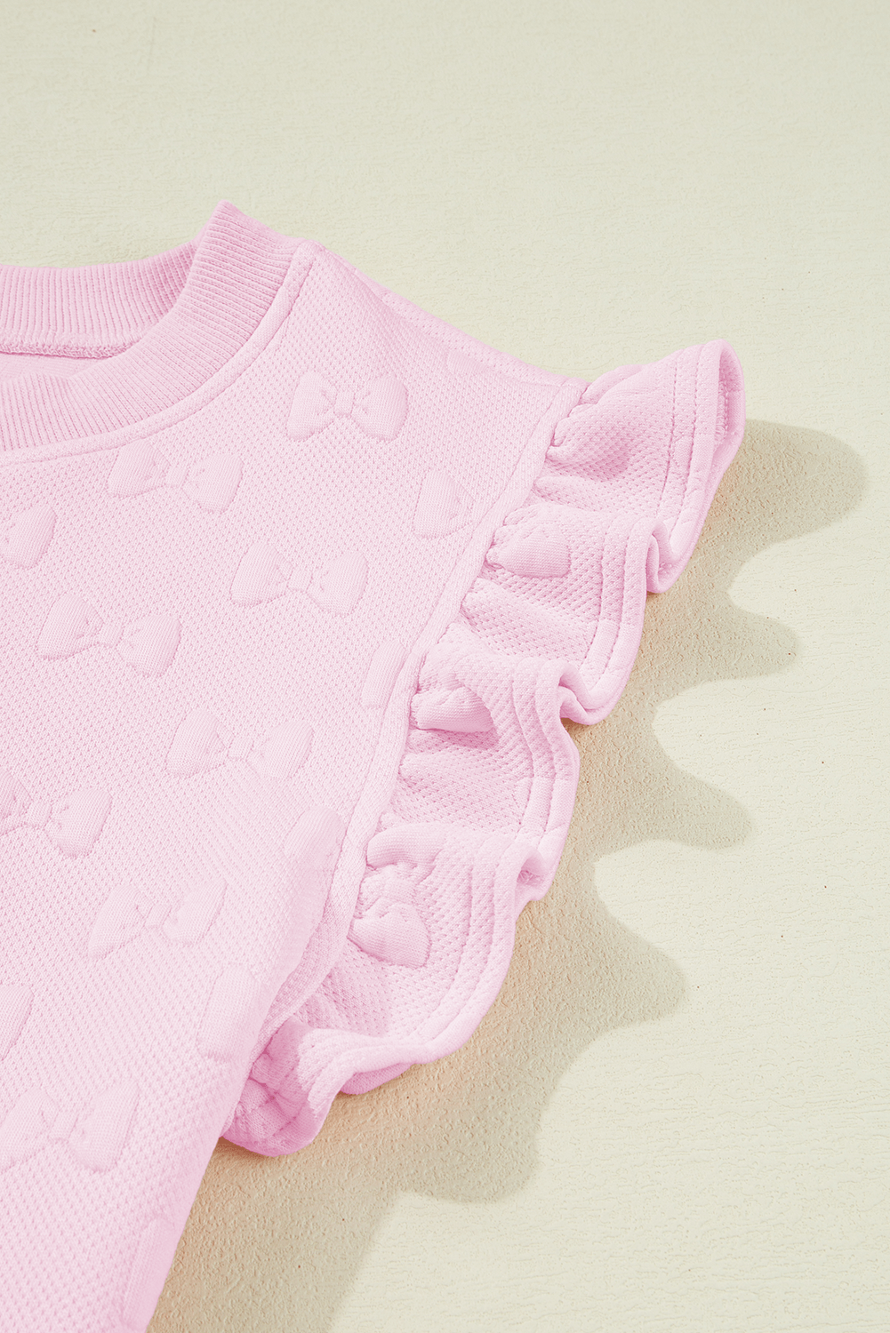 White Plain Bow Jacquard Ruffle Sleeve Shorts Set - MAD RUFFI