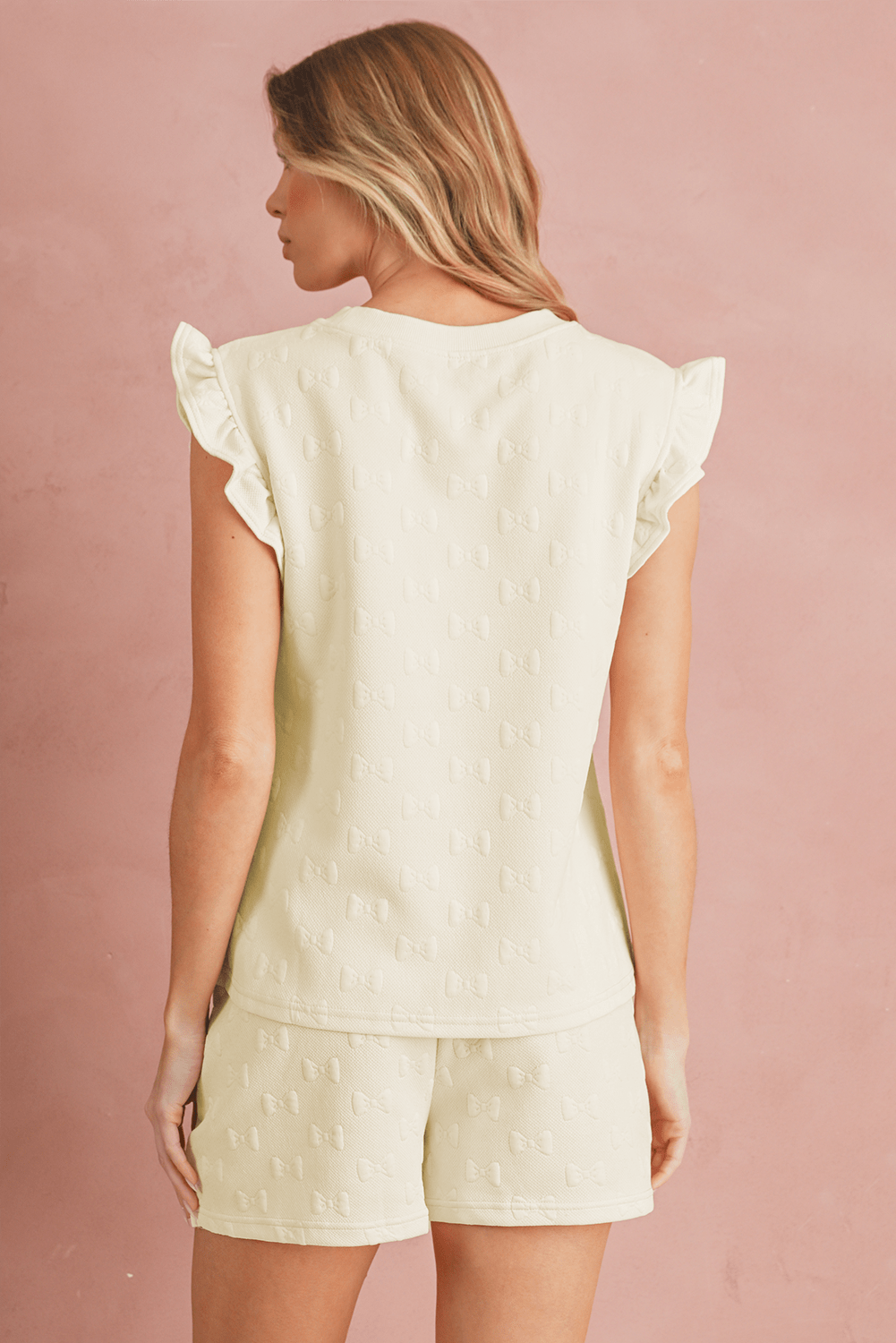 White Plain Bow Jacquard Ruffle Sleeve Shorts Set - MAD RUFFI