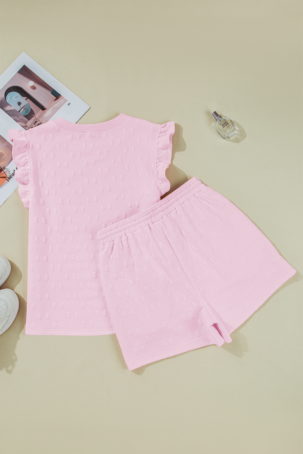 White Plain Bow Jacquard Ruffle Sleeve Shorts Set - MAD RUFFI