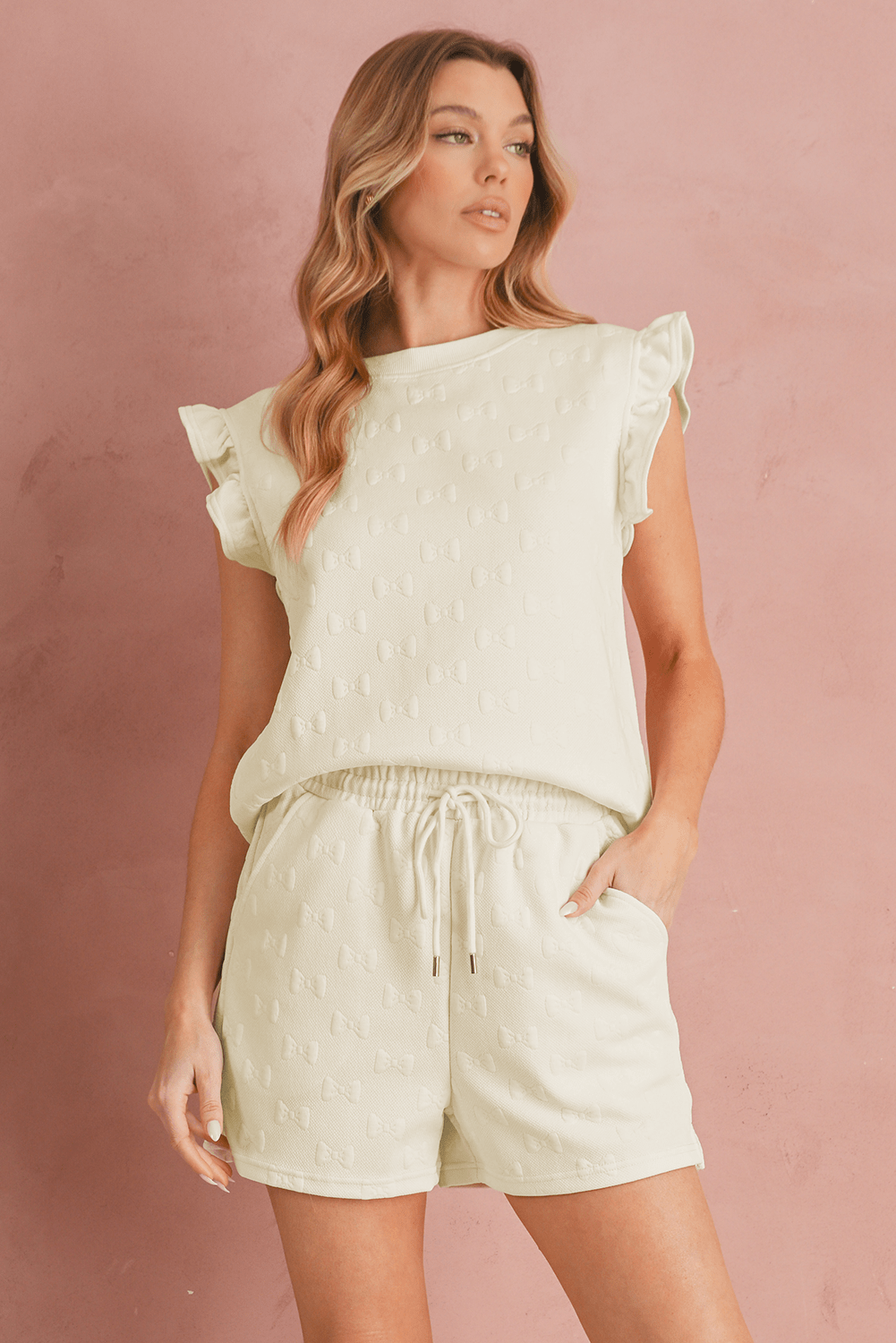 White Plain Bow Jacquard Ruffle Sleeve Shorts Set - MAD RUFFI