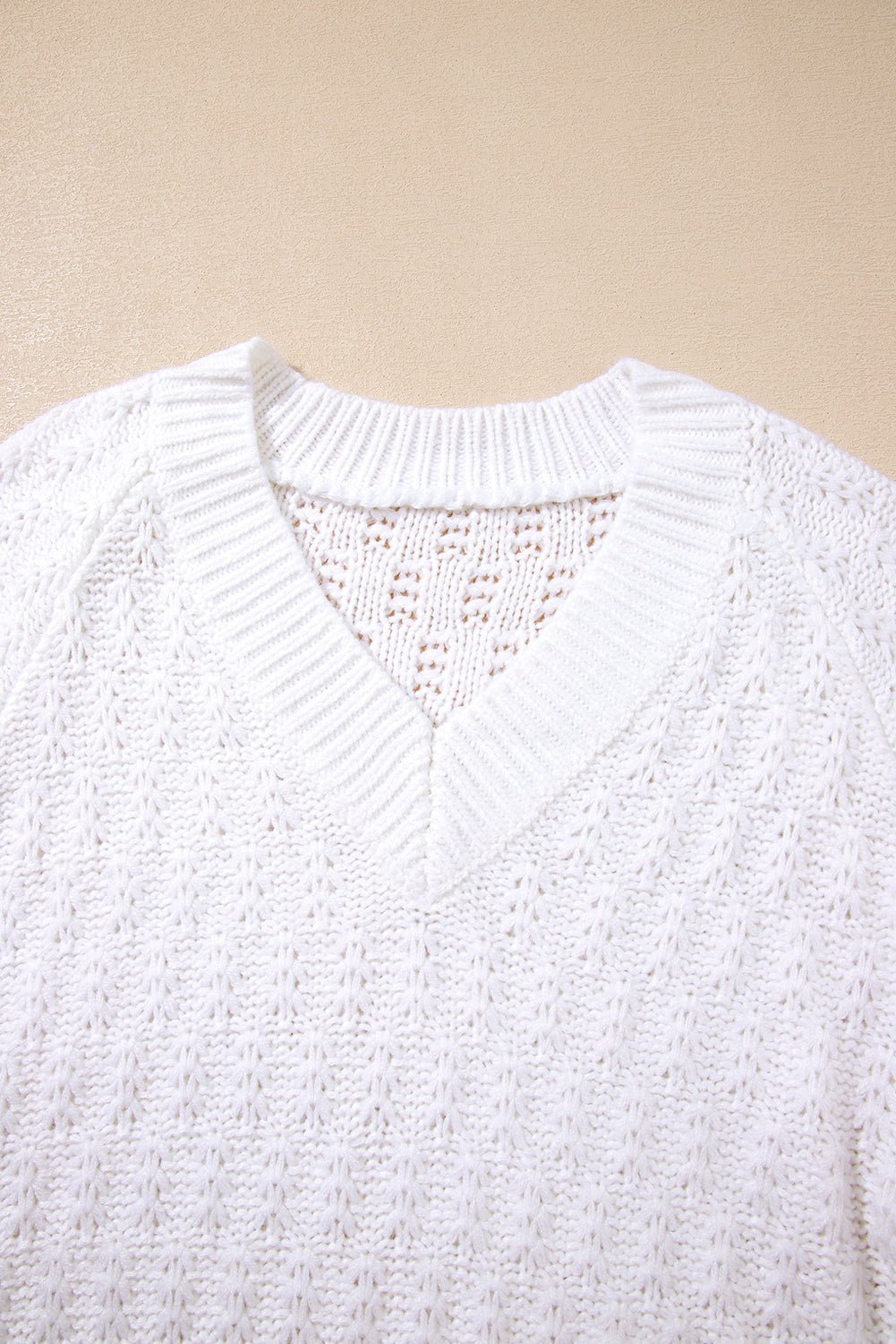 White Plain Knit Ribbed Edge V Neck Loose Sweater - MAD RUFFI