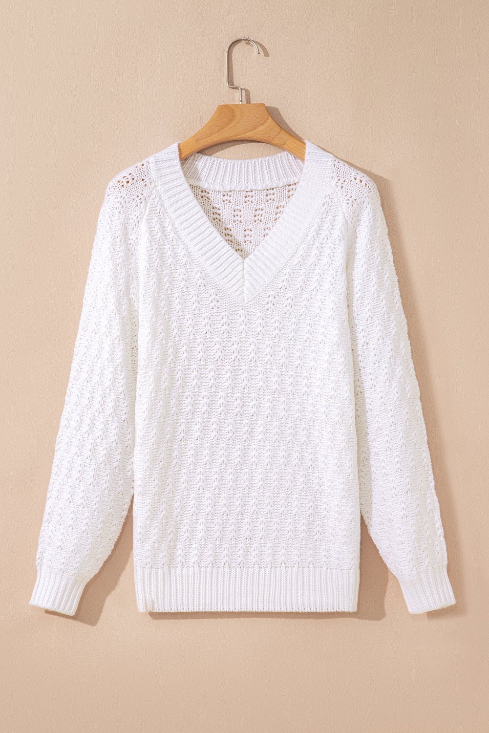 White Plain Knit Ribbed Edge V Neck Loose Sweater - MAD RUFFI