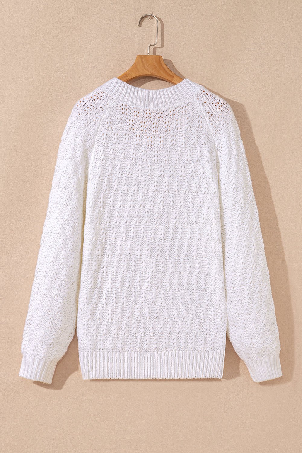White Plain Knit Ribbed Edge V Neck Loose Sweater - MAD RUFFI