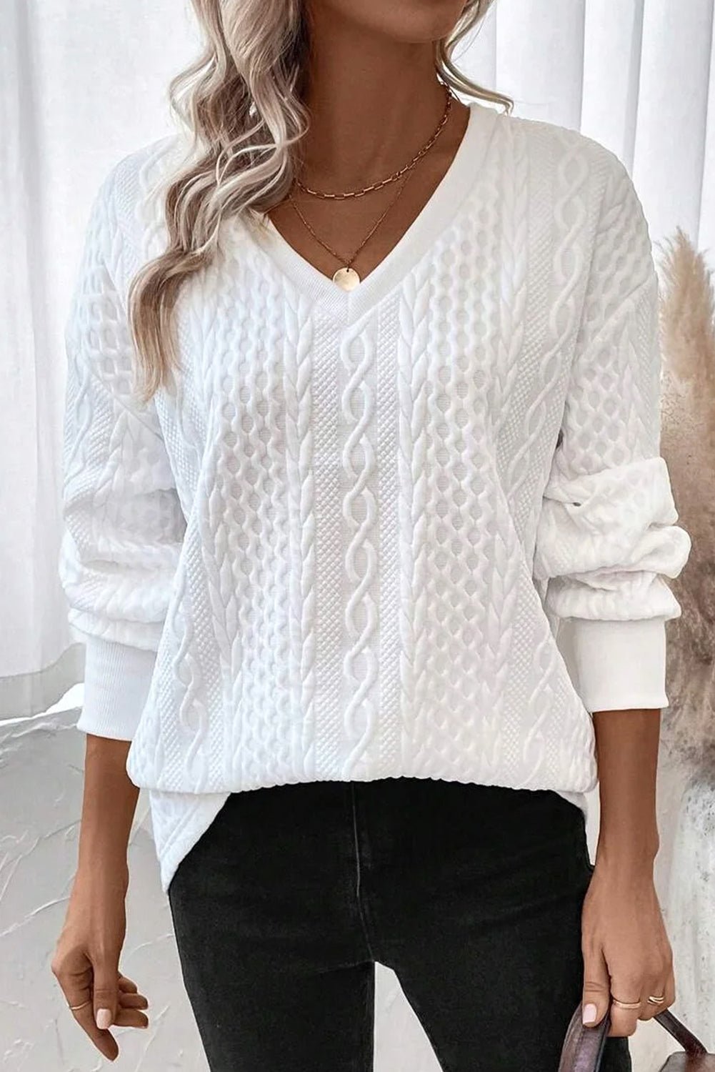 White Plain V - Neck Oversized Long Sleeve Textured Top - MAD RUFFI