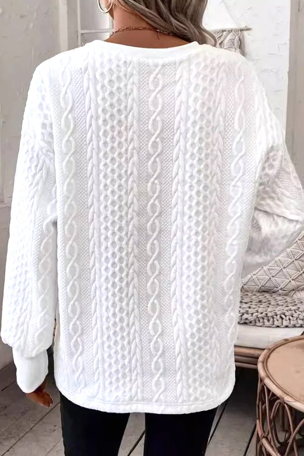 White Plain V - Neck Oversized Long Sleeve Textured Top - MAD RUFFI