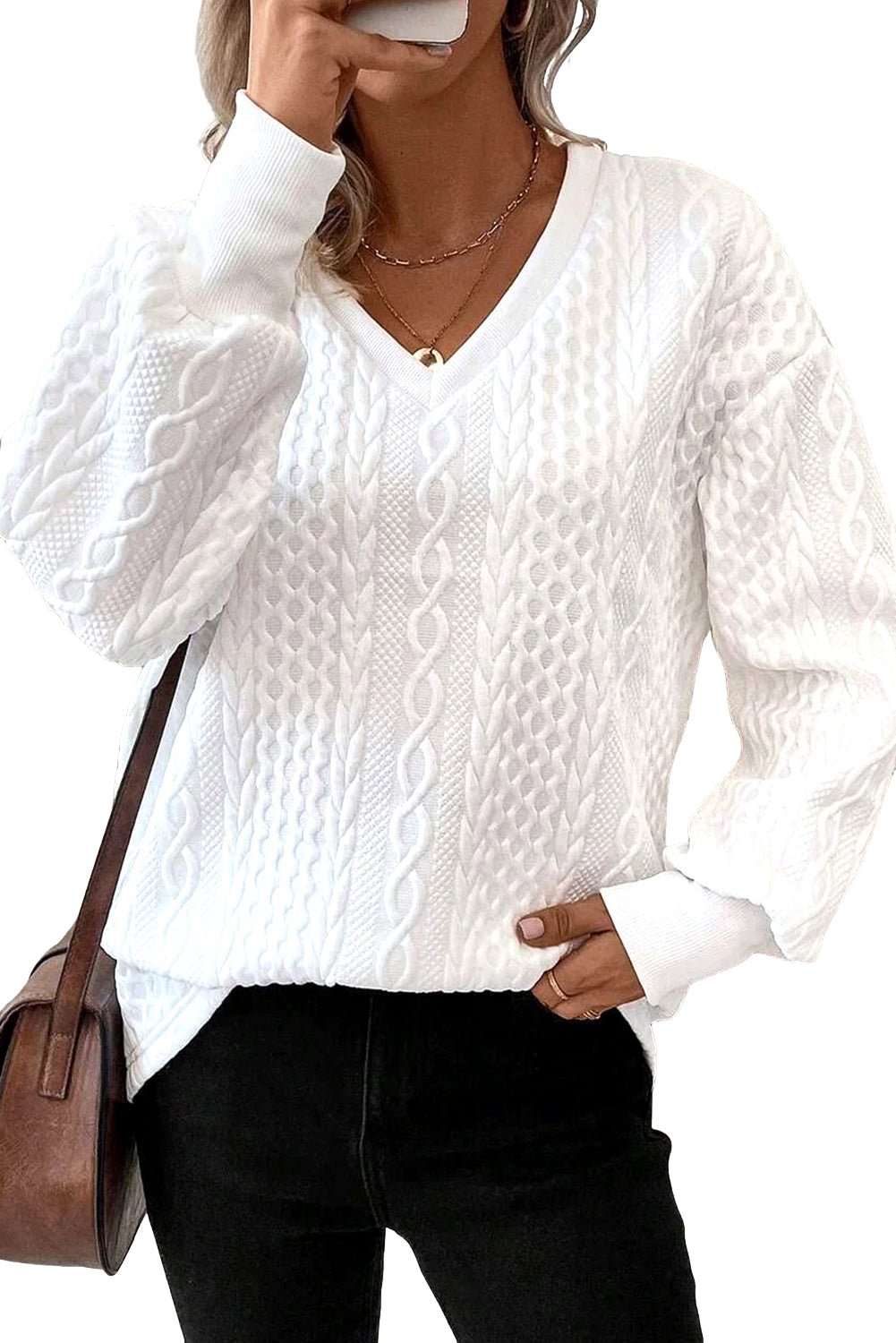 White Plain V - Neck Oversized Long Sleeve Textured Top - MAD RUFFI