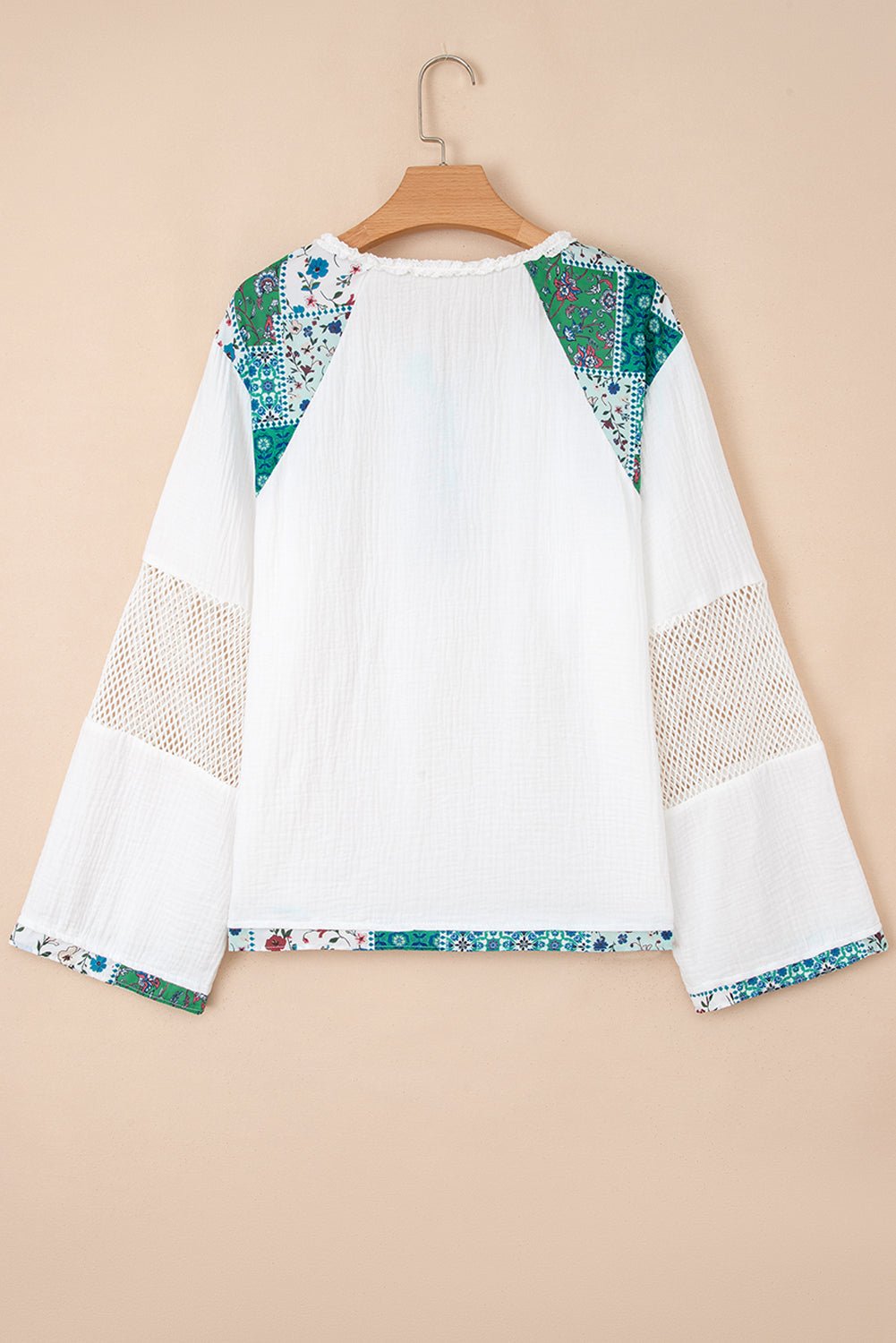 White Plant Mesh Patched Color Block Half Button Blouse - MAD RUFFI