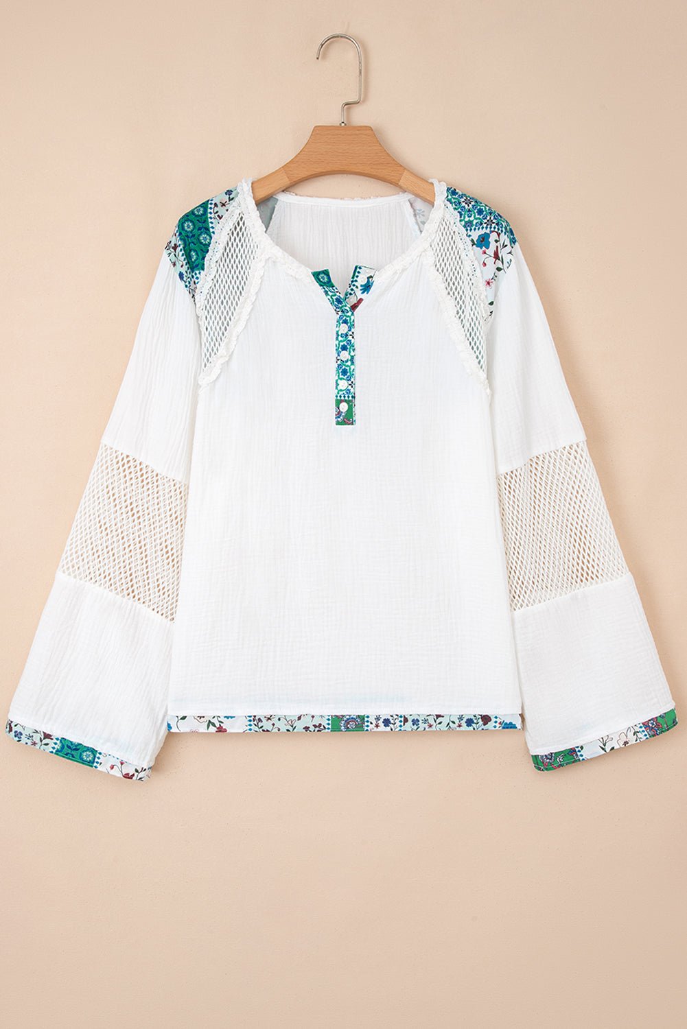 White Plant Mesh Patched Color Block Half Button Blouse - MAD RUFFI