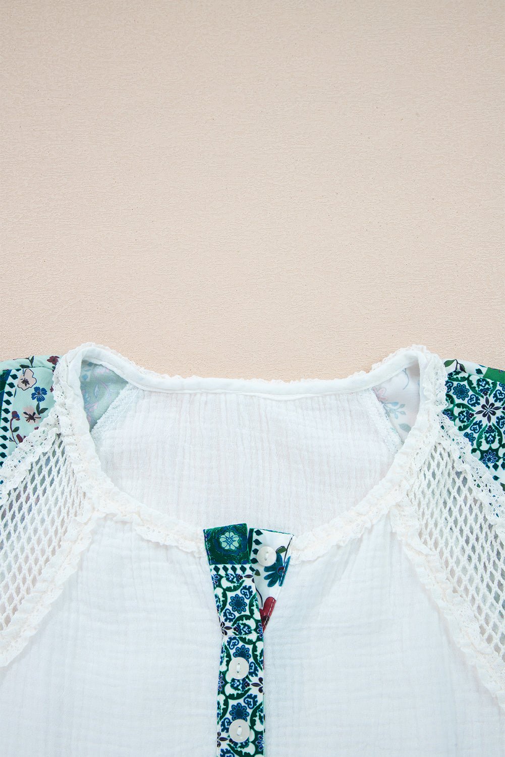 White Plant Mesh Patched Color Block Half Button Blouse - MAD RUFFI