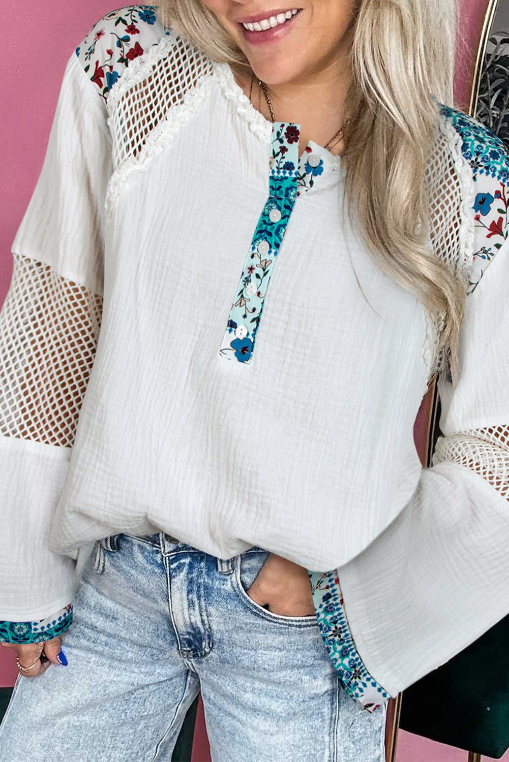 White Plant Mesh Patched Color Block Half Button Blouse - MAD RUFFI