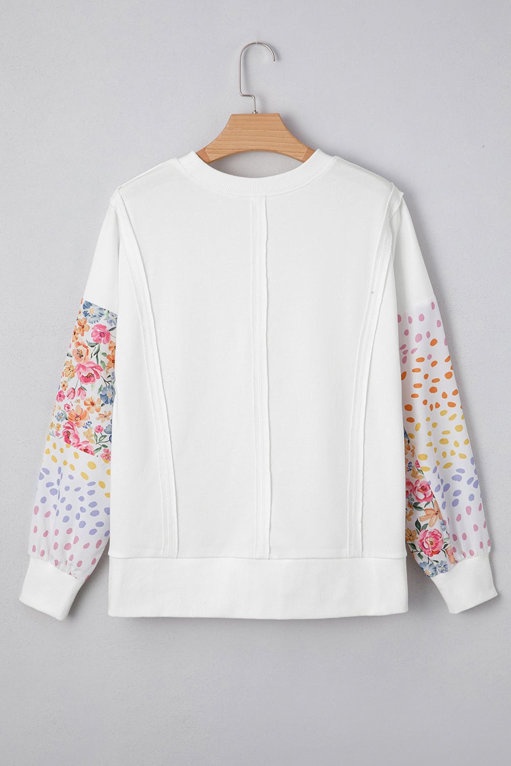White Plus Size Exposed Seam Detail Contrast Dot Floral Patchwork Sleeve Sweatshirt - MAD RUFFI