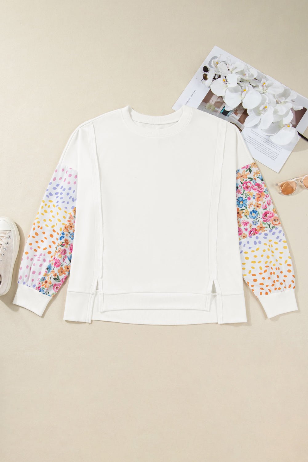 White Plus Size Exposed Seam Detail Contrast Dot Floral Patchwork Sleeve Sweatshirt - MAD RUFFI