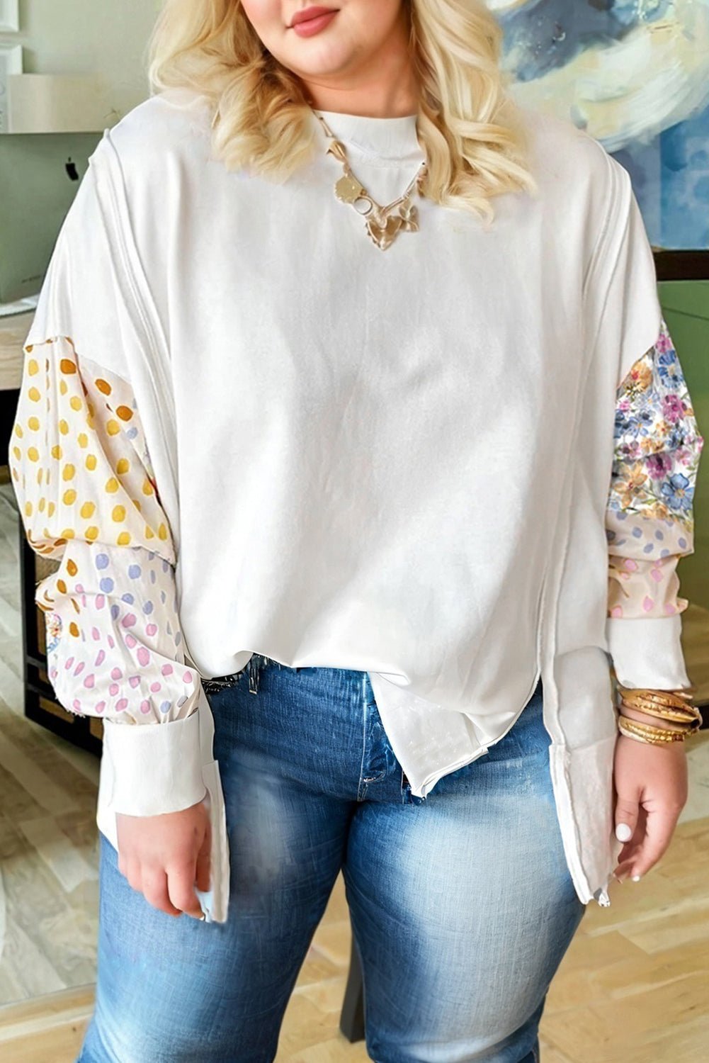 White Plus Size Exposed Seam Detail Contrast Dot Floral Patchwork Sleeve Sweatshirt - MAD RUFFI