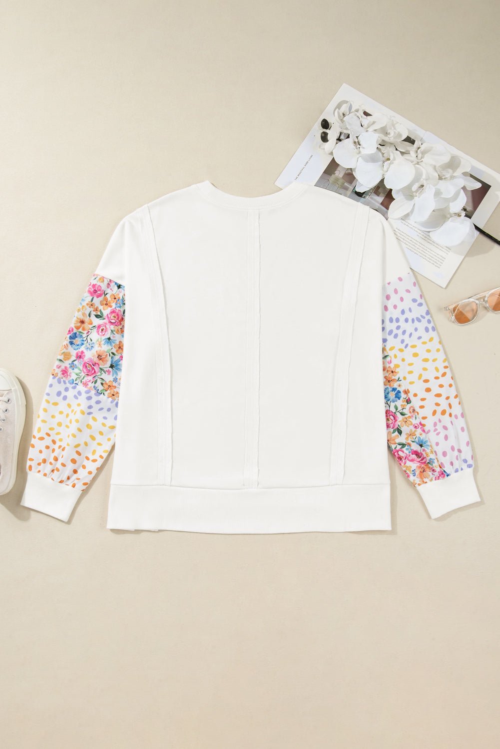 White Plus Size Exposed Seam Detail Contrast Dot Floral Patchwork Sleeve Sweatshirt - MAD RUFFI