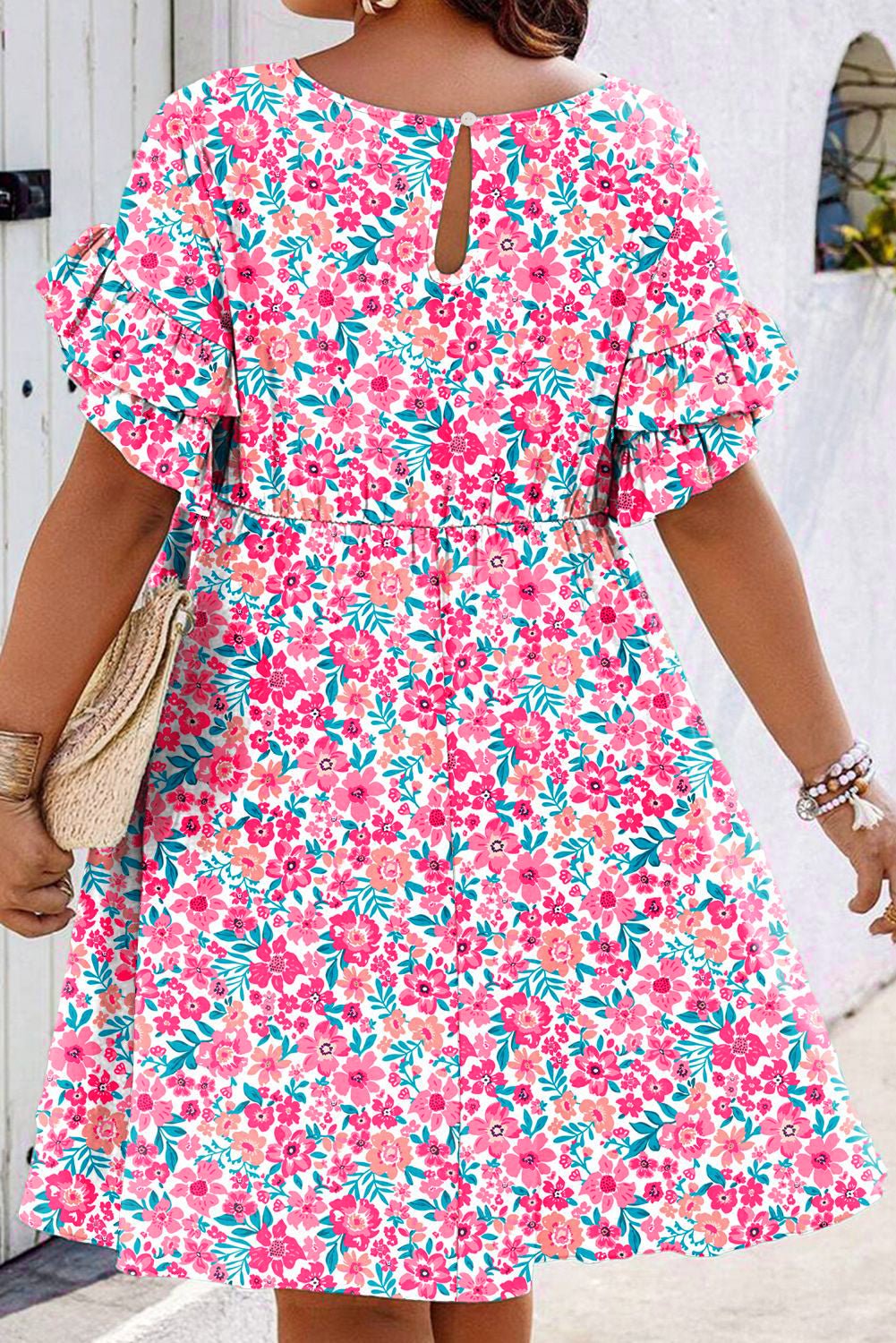 White Plus Size Floral Print Ruffle Short Sleeve Flare Dress - MAD RUFFI