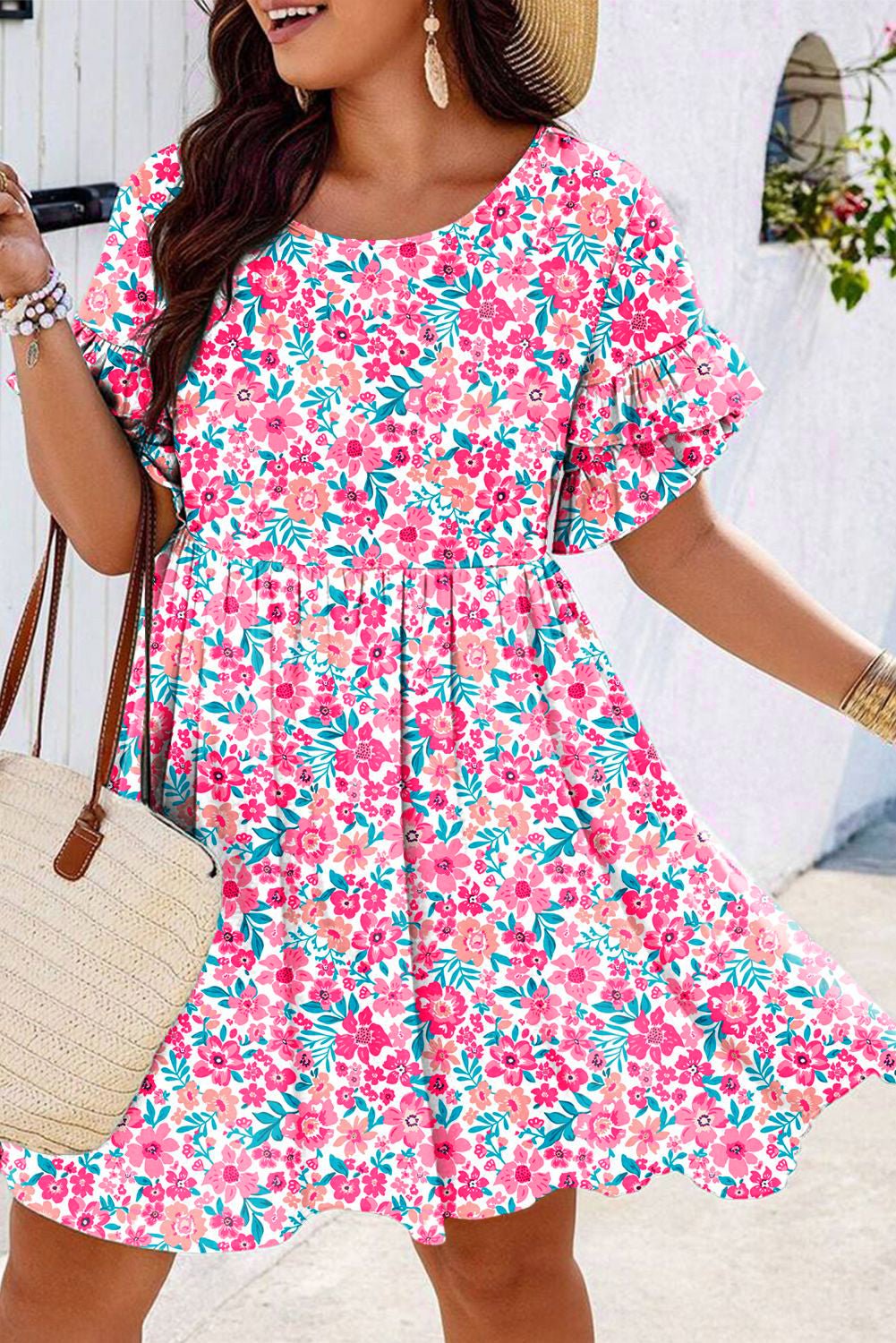 White Plus Size Floral Print Ruffle Short Sleeve Flare Dress - MAD RUFFI
