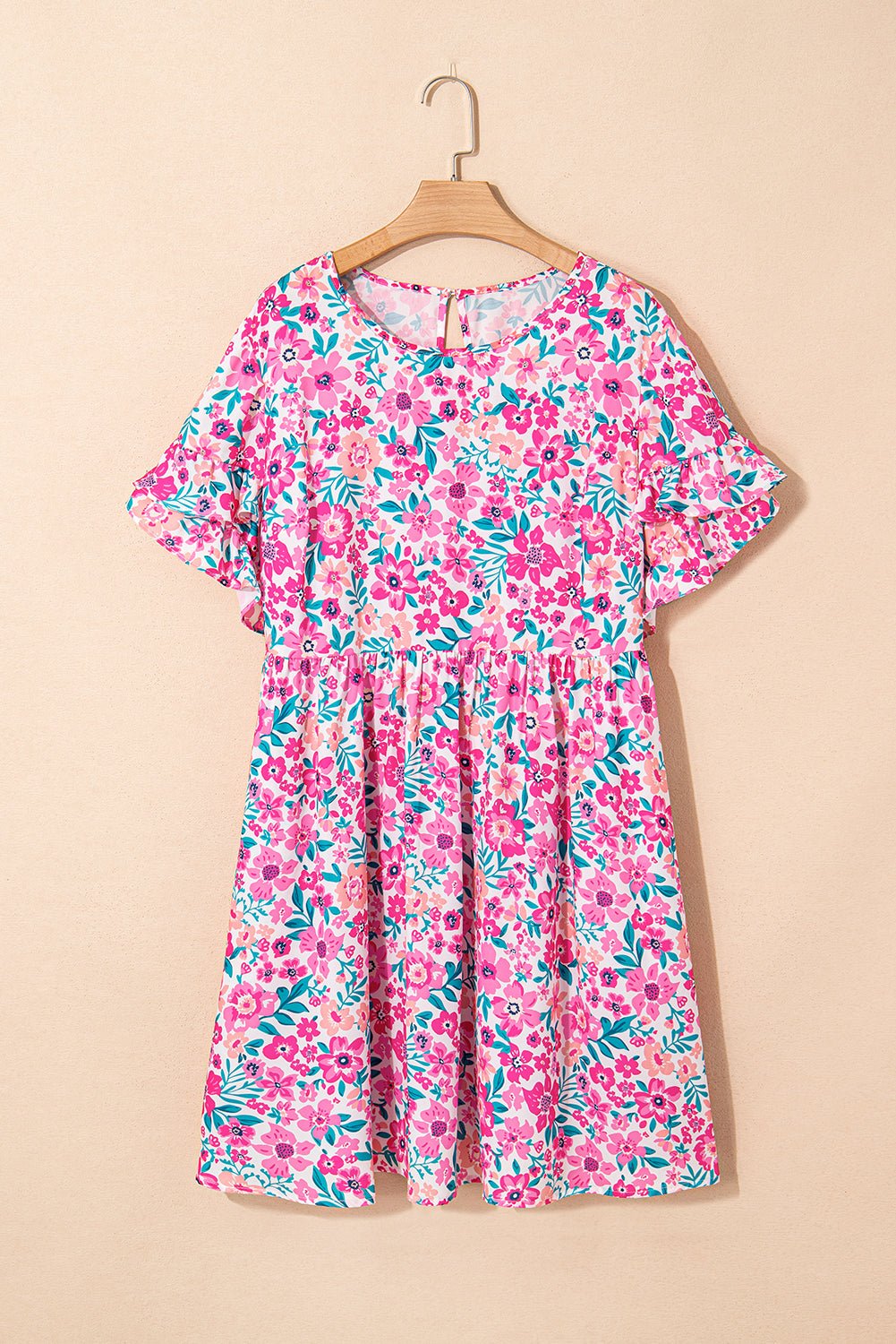 White Plus Size Floral Print Ruffle Short Sleeve Flare Dress - MAD RUFFI