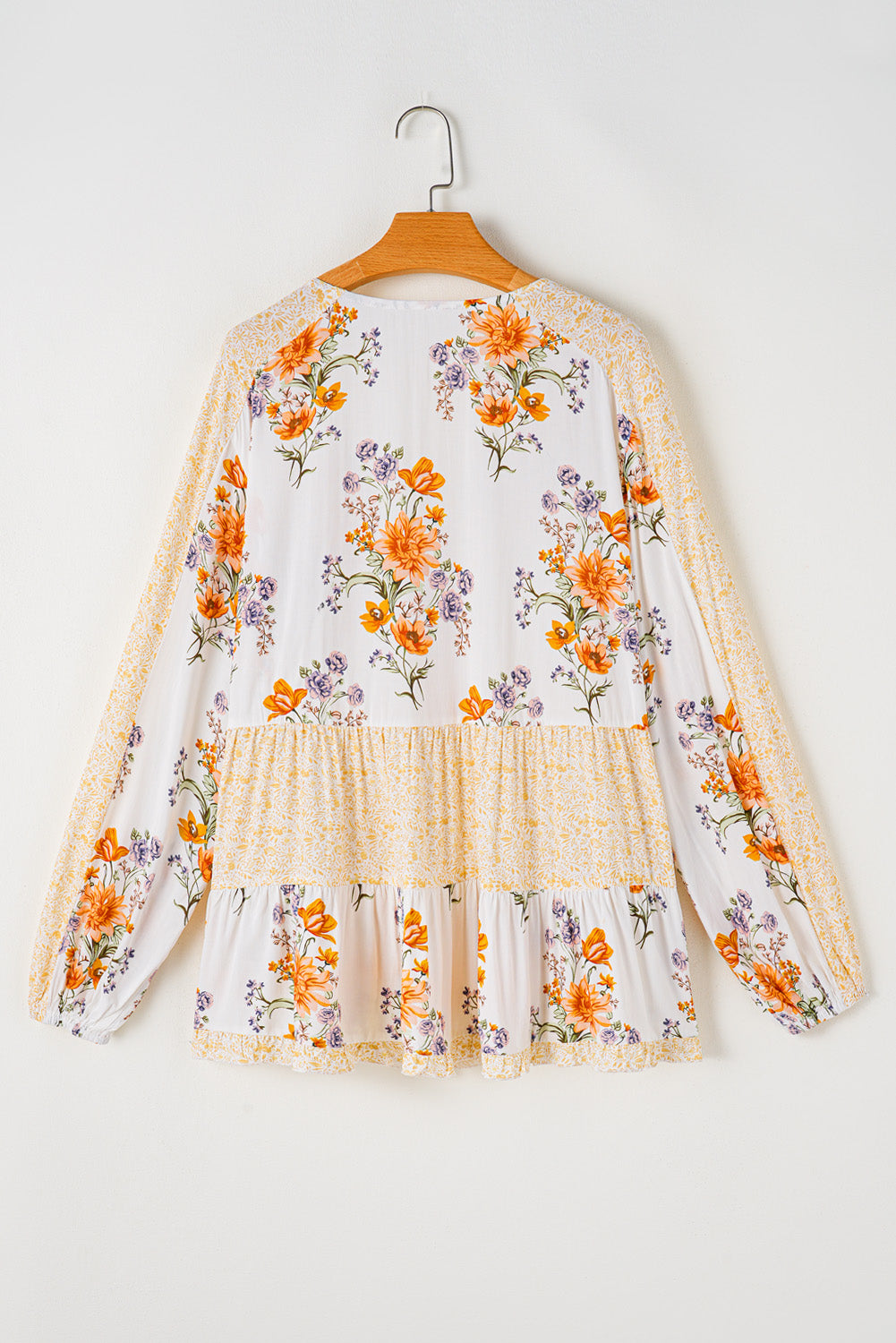 White Plus Size Floral Print V Neck Puff Sleeve Blouse - Plus Size Tops