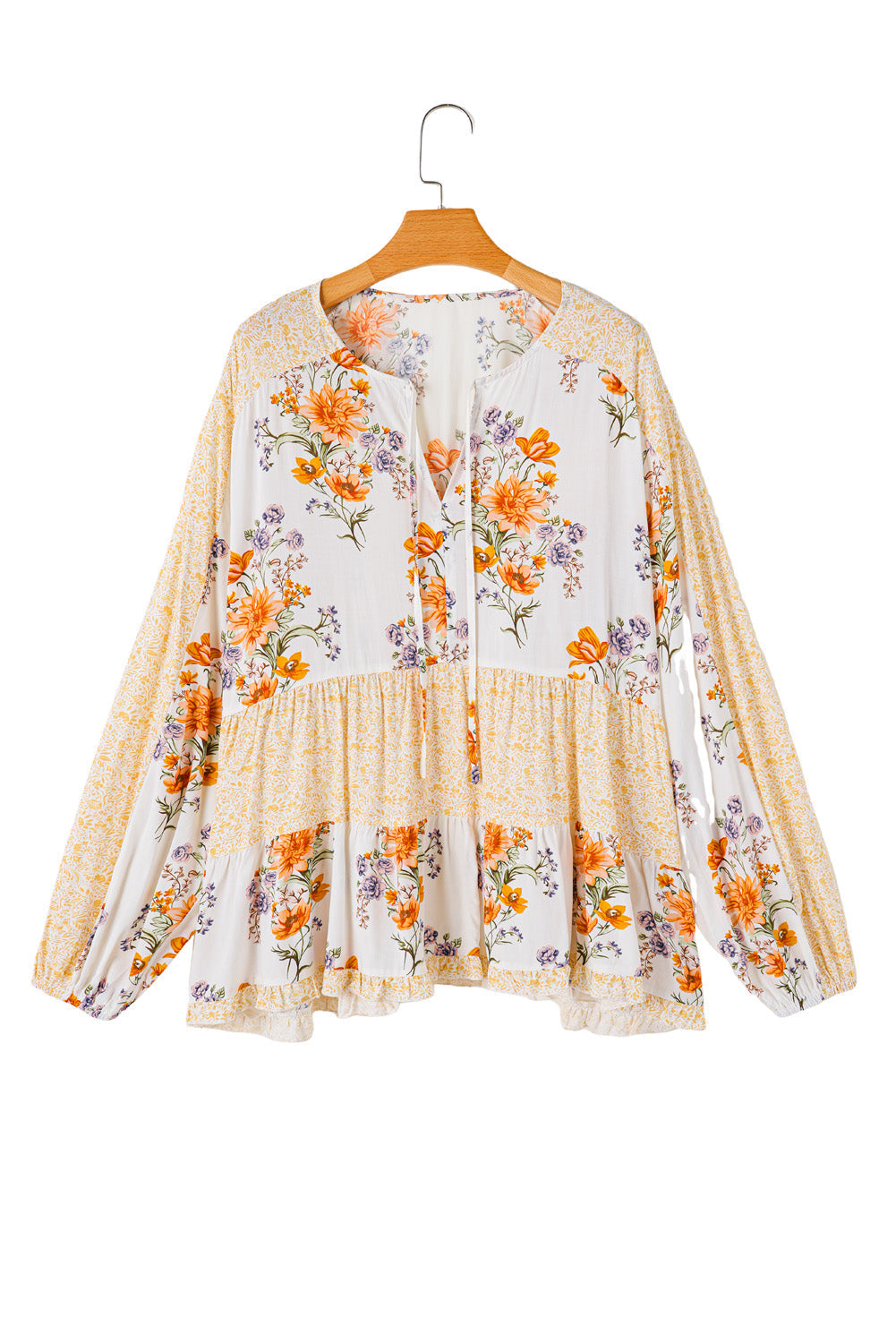 White Plus Size Floral Print V Neck Puff Sleeve Blouse - Plus Size Tops