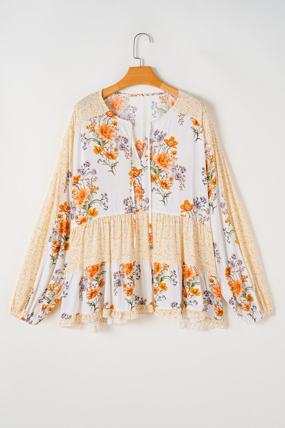 White Plus Size Floral Print V Neck Puff Sleeve Blouse - Plus Size Tops