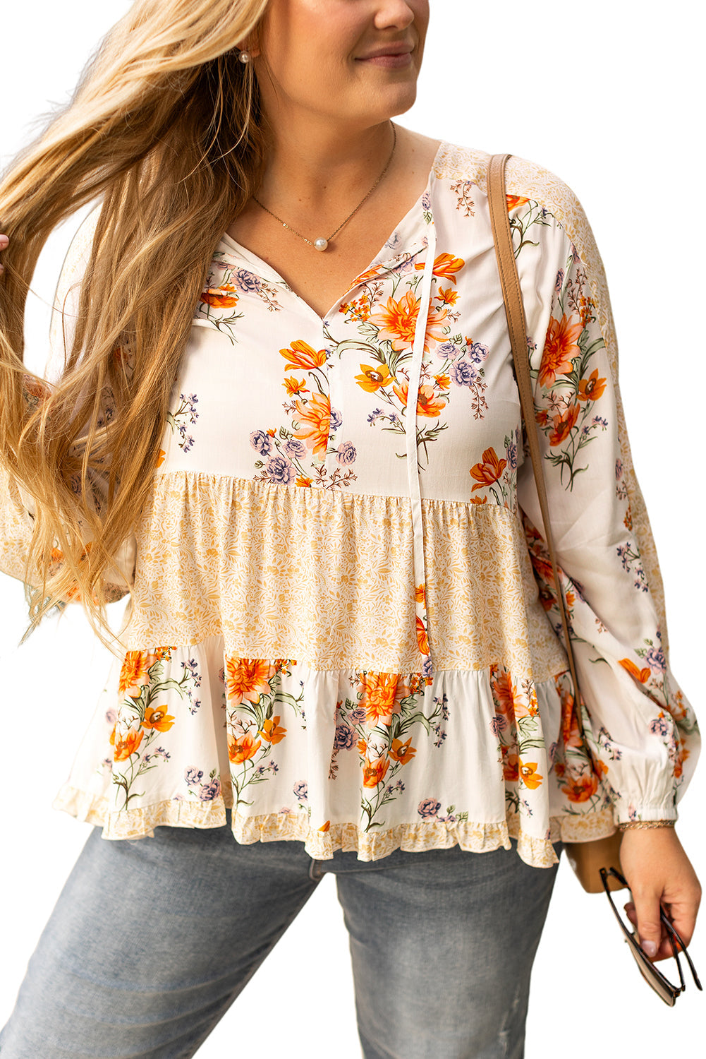 White Plus Size Floral Print V Neck Puff Sleeve Blouse - Plus Size Tops