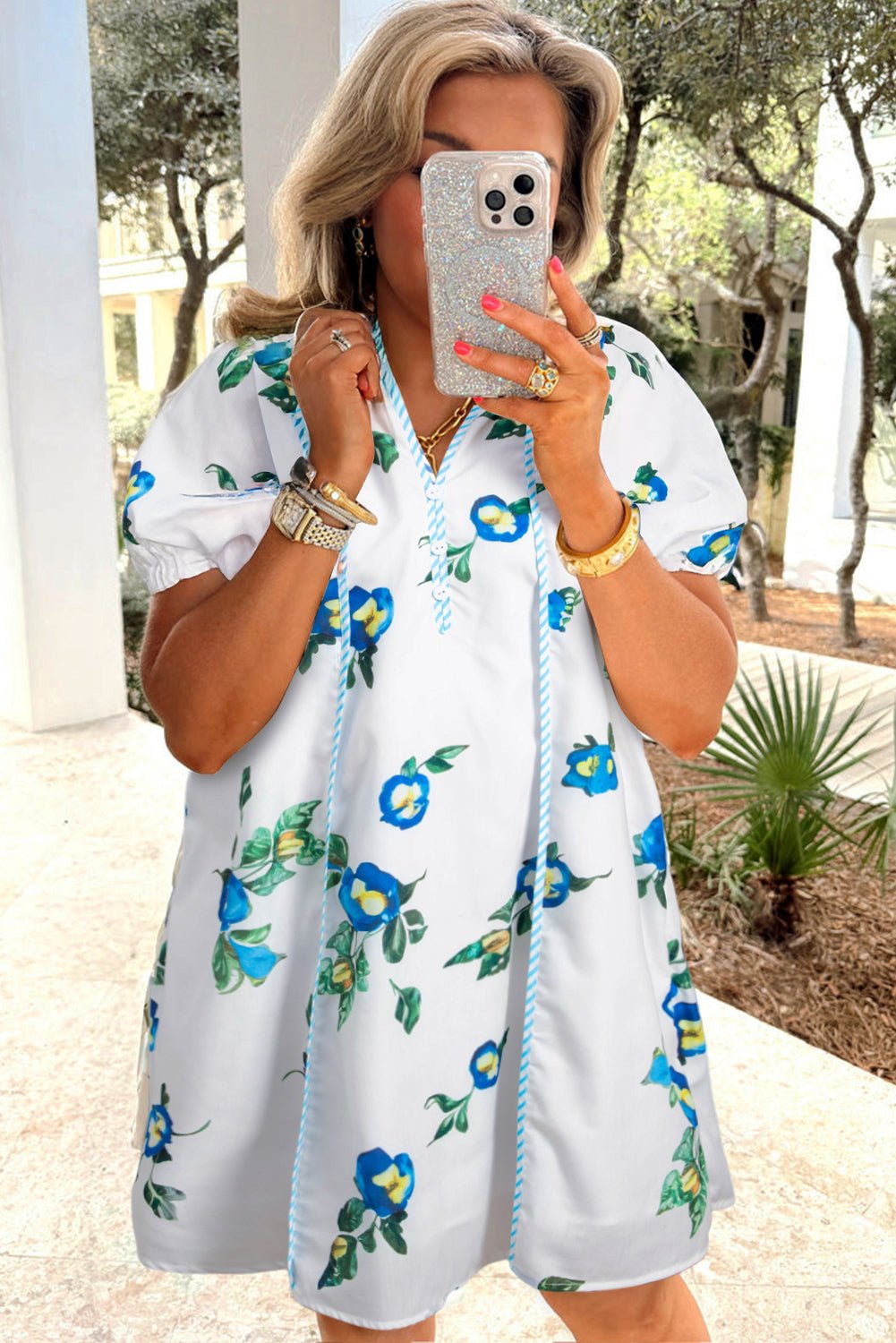 White Plus Size Floral Puff Sleeve Contrast Tie V Neck Flowy Dress - MAD RUFFI