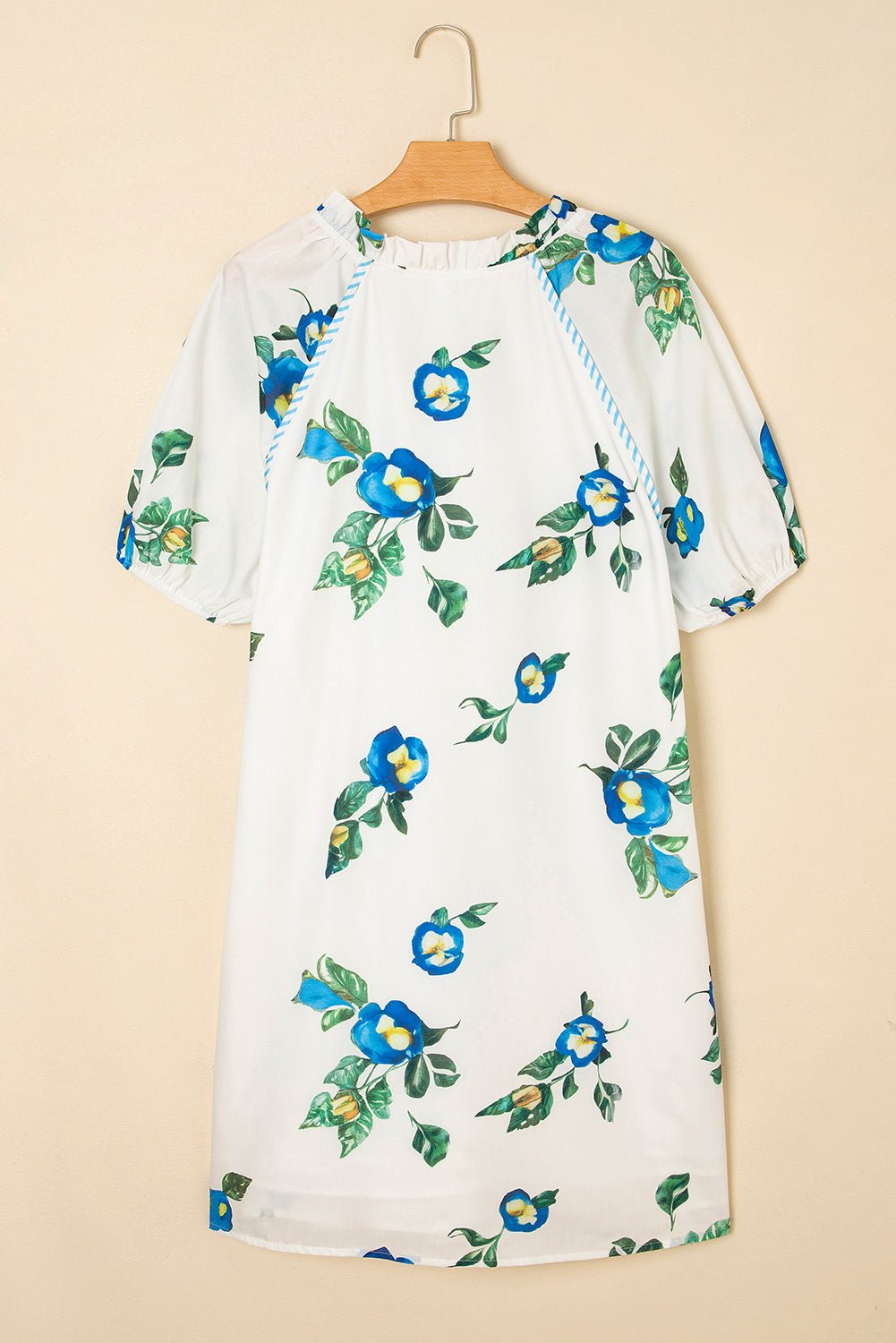 White Plus Size Floral Puff Sleeve Contrast Tie V Neck Flowy Dress - MAD RUFFI