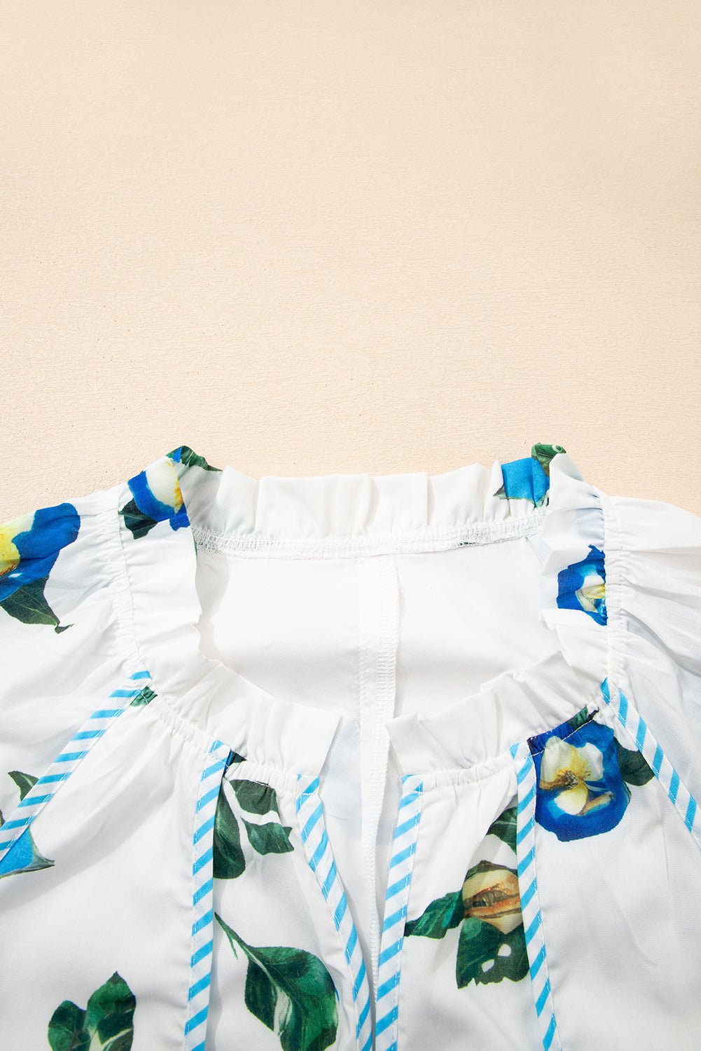 White Plus Size Floral Puff Sleeve Contrast Tie V Neck Flowy Dress - MAD RUFFI