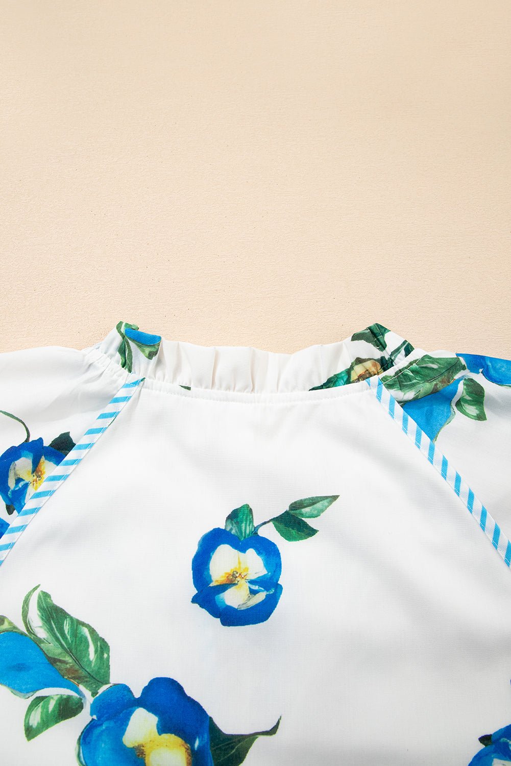 White Plus Size Floral Puff Sleeve Contrast Tie V Neck Flowy Dress - MAD RUFFI