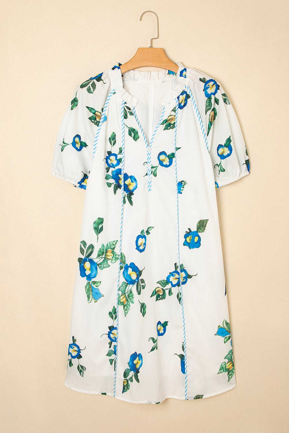 White Plus Size Floral Puff Sleeve Contrast Tie V Neck Flowy Dress - MAD RUFFI